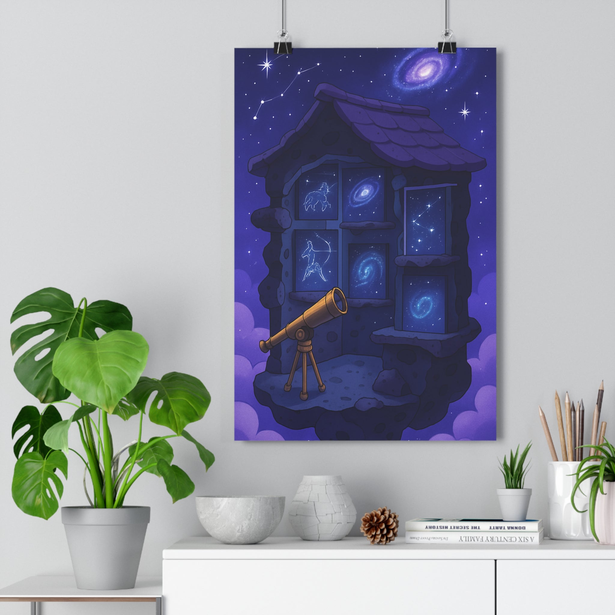 Poster décoratif céleste bleu violet cartoon mystique chambre bureau art mural maison pierre constellations