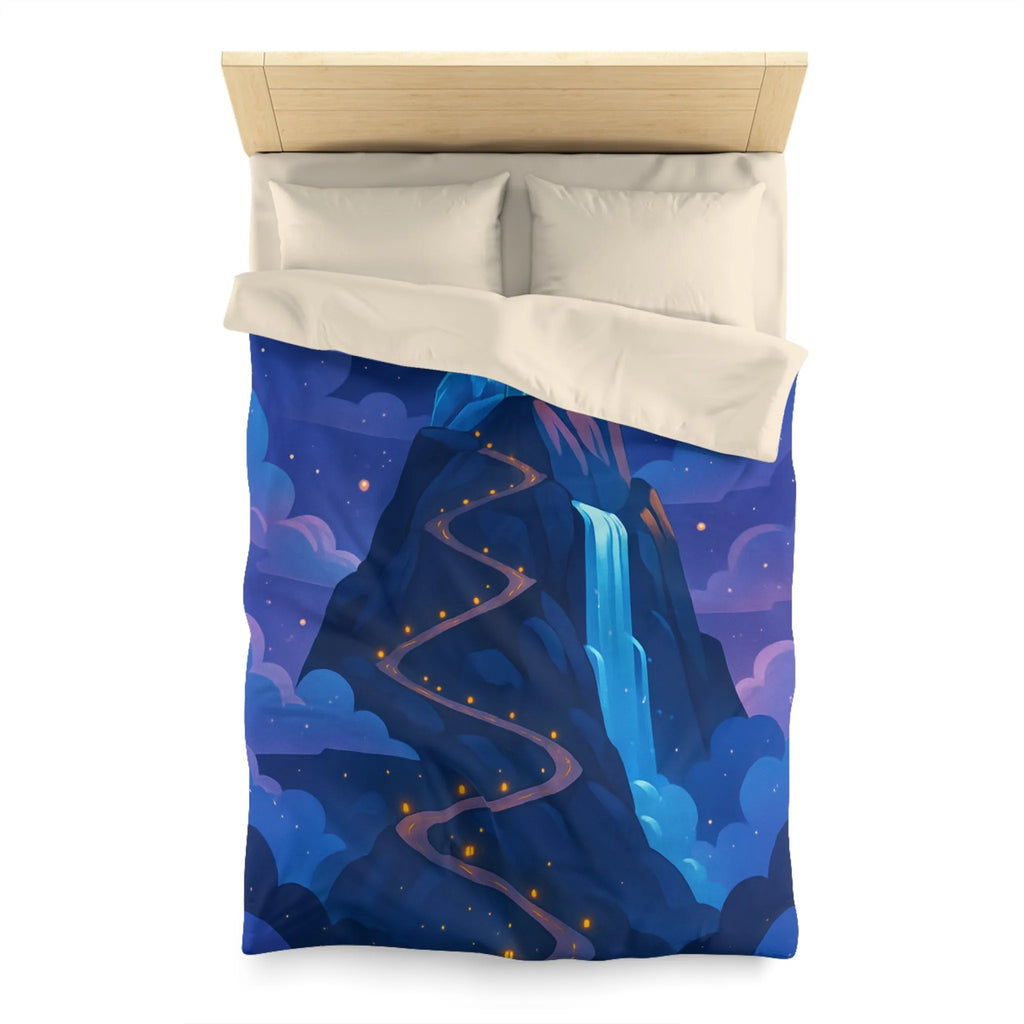 Housse de couette avec château glacé sur montagne illuminée sous ciel étoilé féerique
