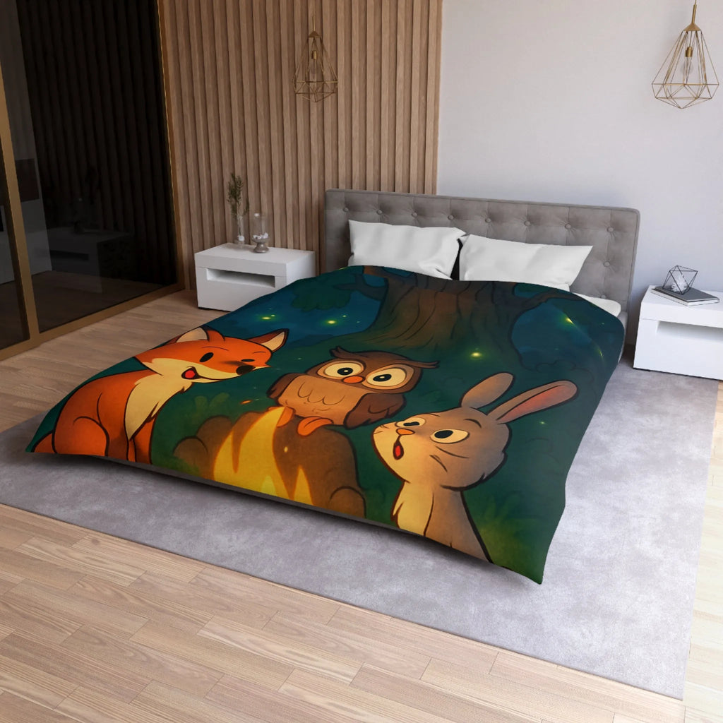 Housse de couette forêt mystique animaux autour du feu sous ciel étoilé magique