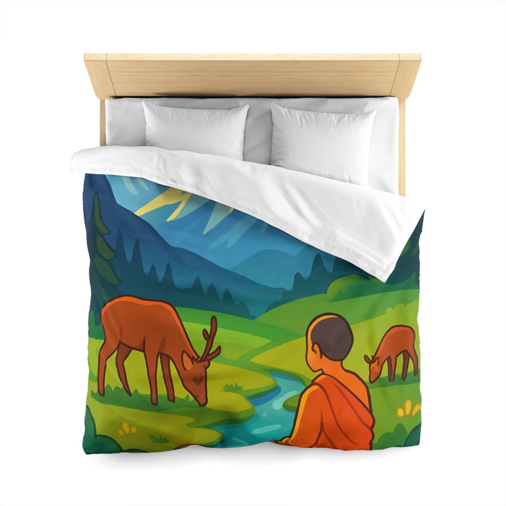 Housse de couette zen avec paysage montagneux, moine, cerfs et rivière tranquille