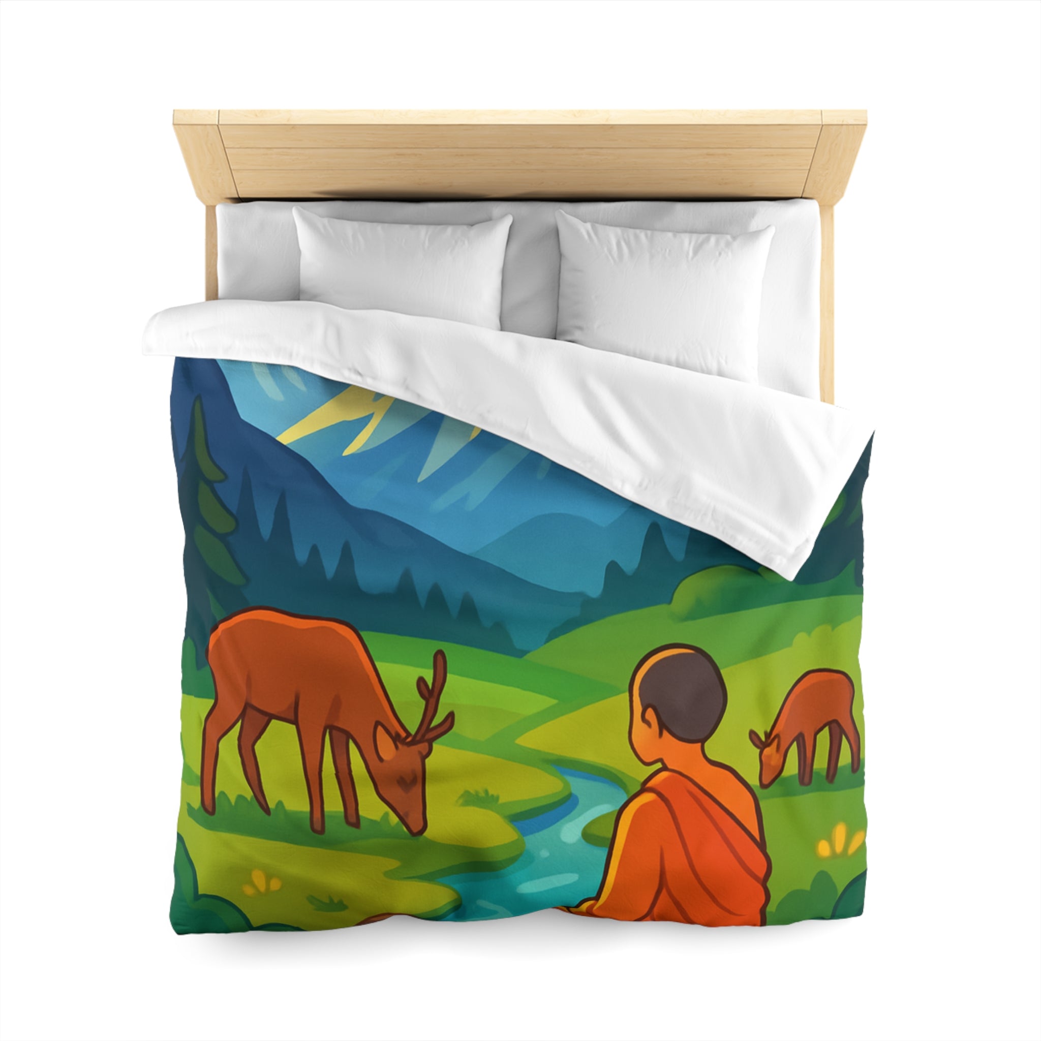 Housse de couette zen avec paysage montagneux, moine, cerfs et rivière tranquille
