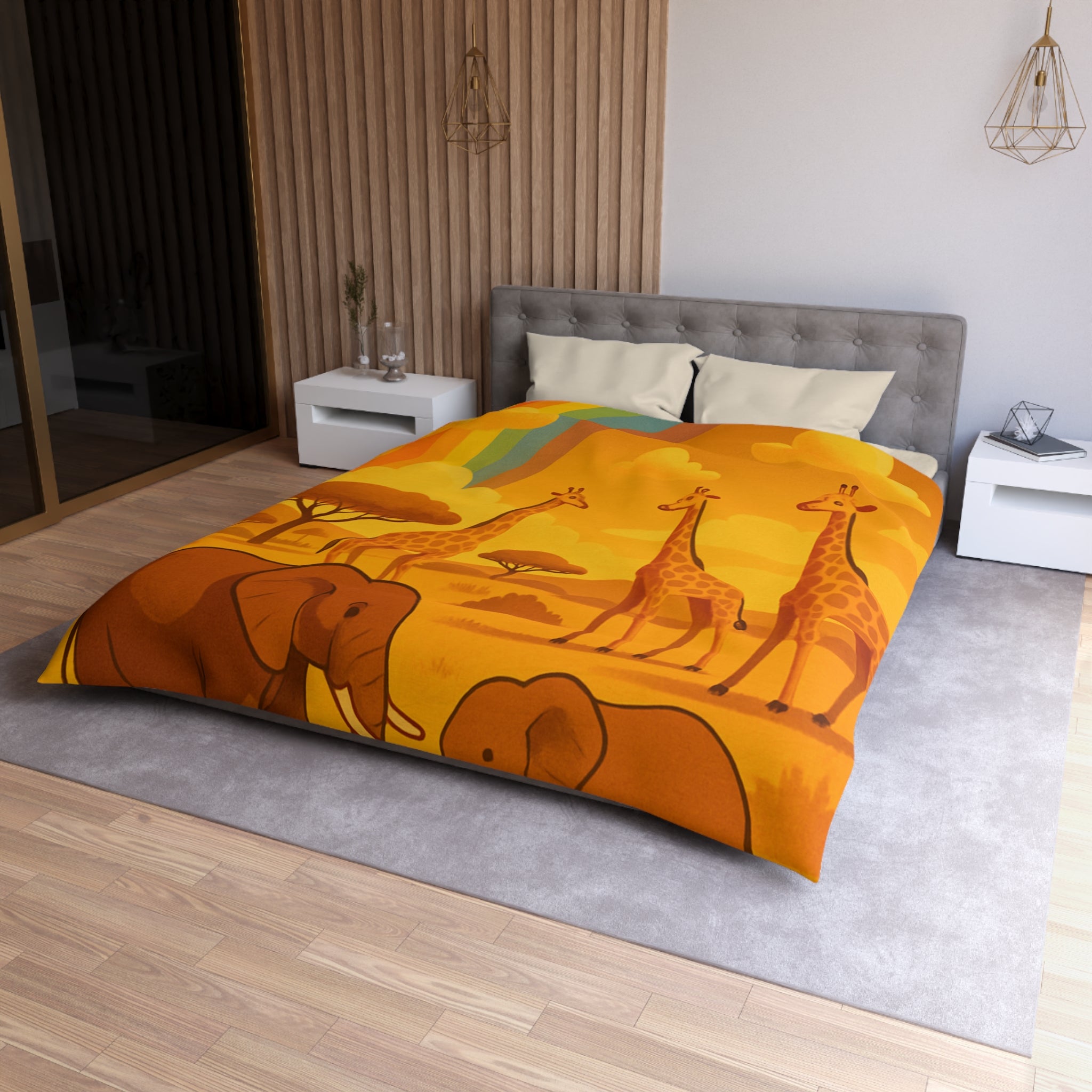 Housse de couette safari enfant avec éléphants, girafes et arc-en-ciel vibrant