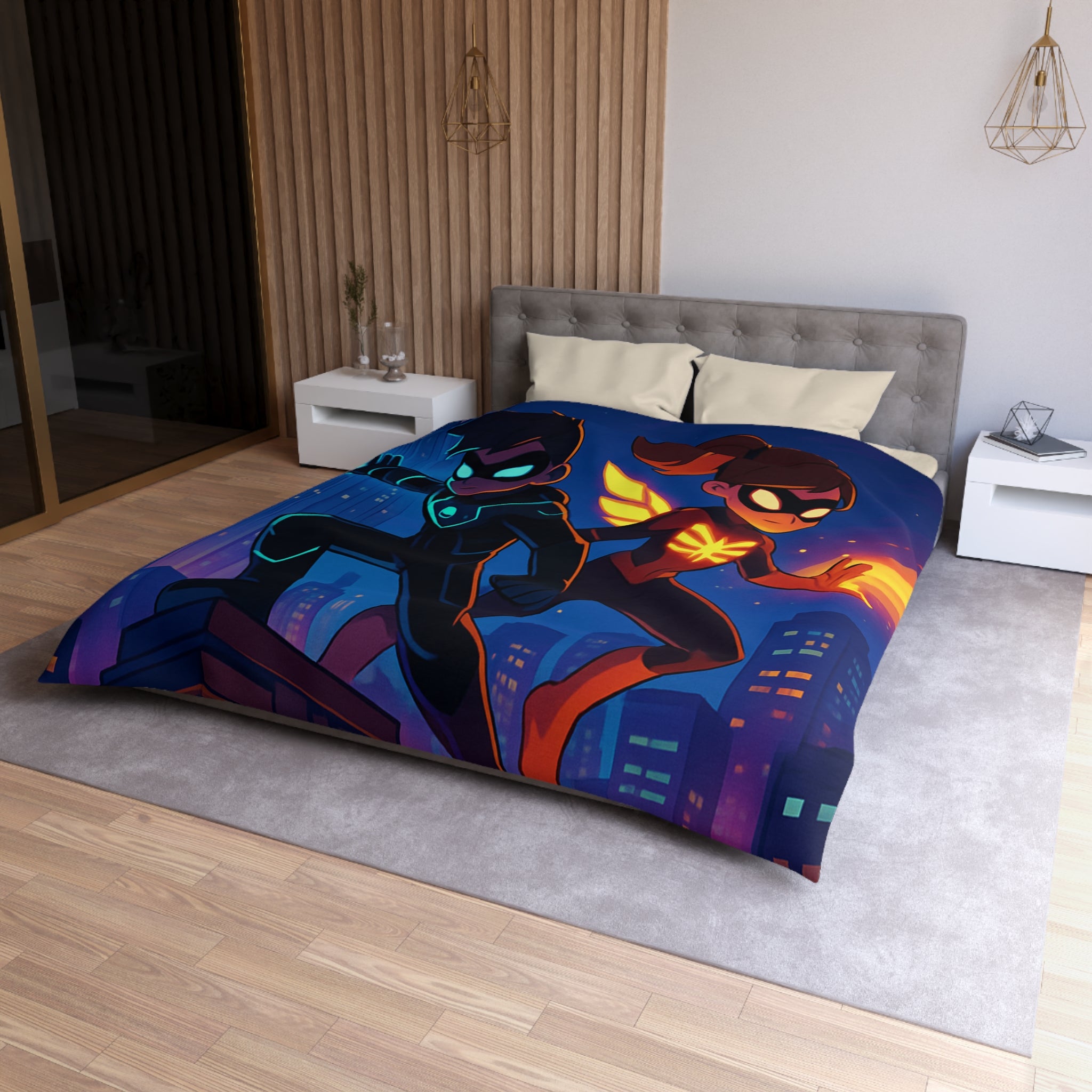 Housse de couette super-héros urbain : ambiance dynamique, couleurs vives, motifs modernes et audacieux