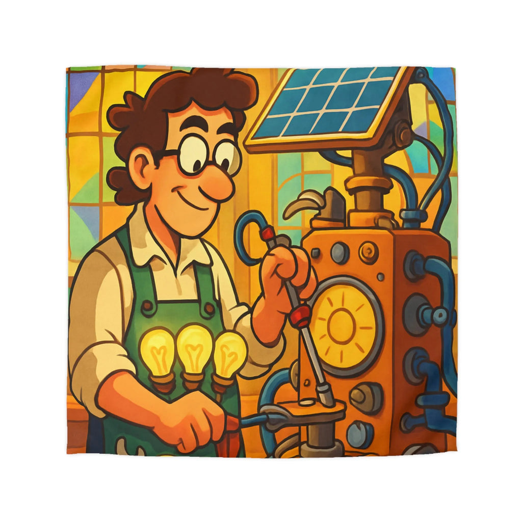 Housse de Couette Illustre Inventeur avec Machine Énergétique et Vitrail Coloré Artistique