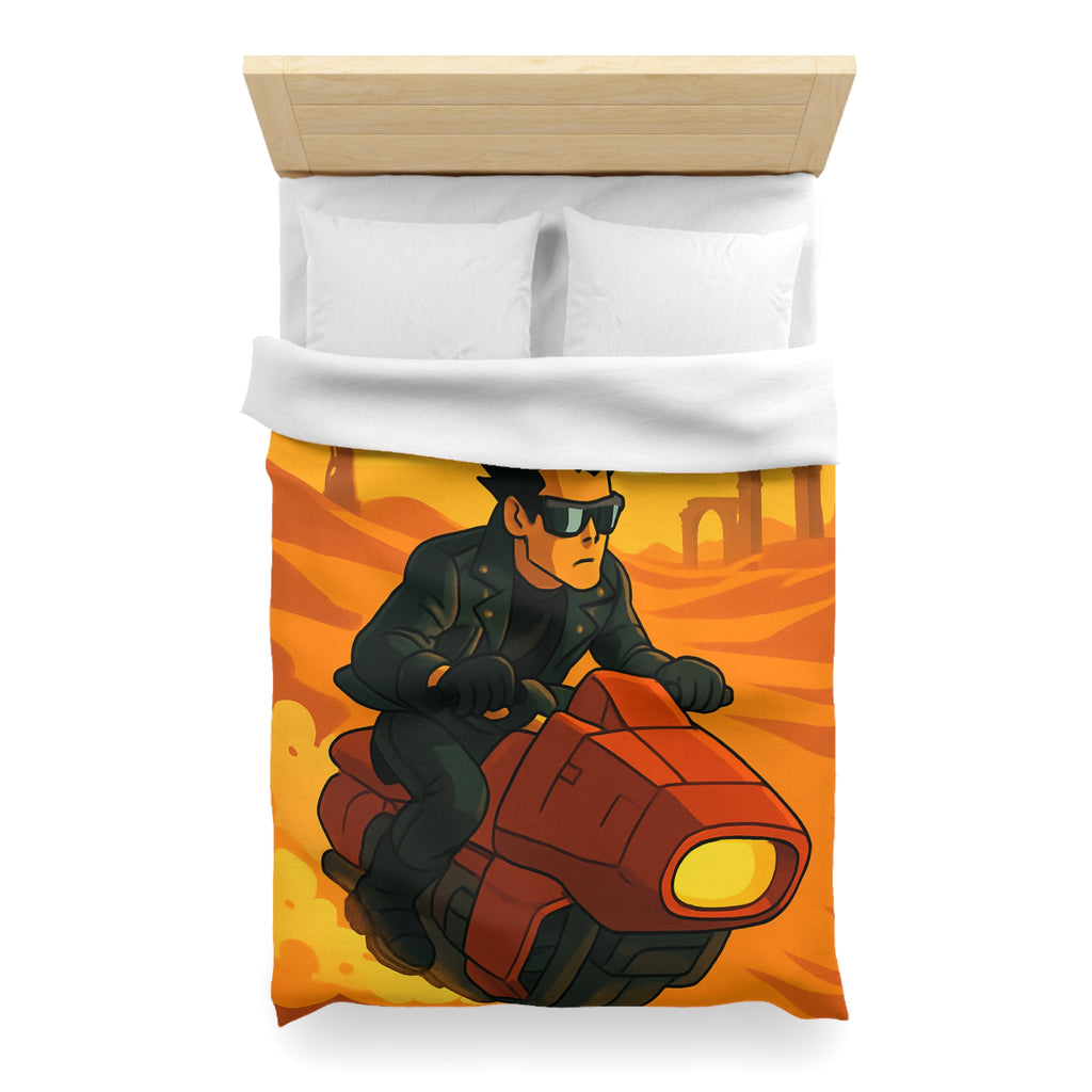 Housse de couette moto futuriste sur désert orangé avec soleil couchant et ruines