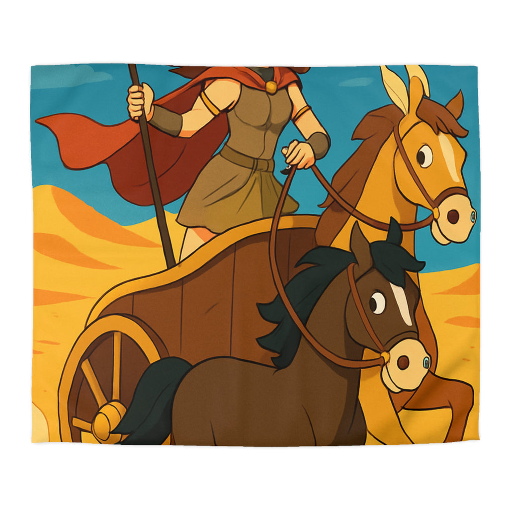 Housse de couette représentant guerrière en char avec chevaux marron dans désert animé