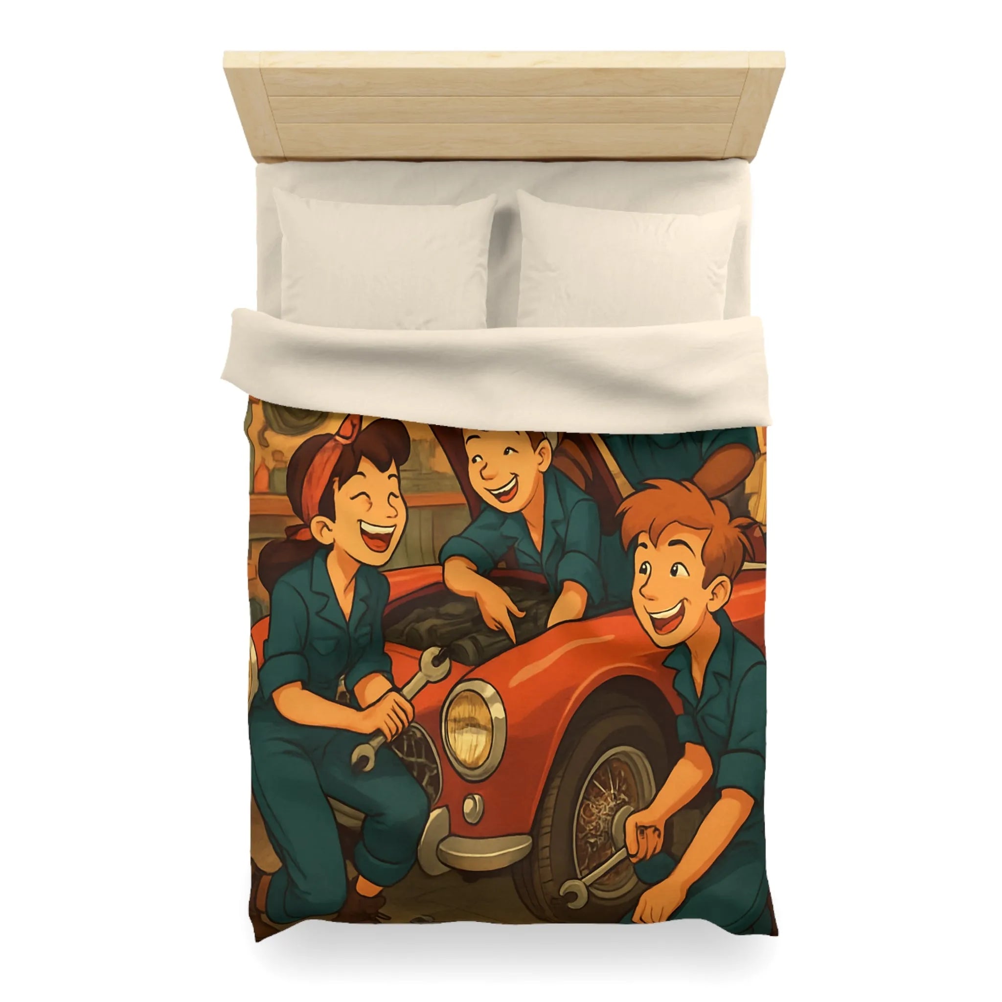 Housse de couette atelier mécanique vintage avec jeunes mécaniciens et voiture rouge joyeuse
