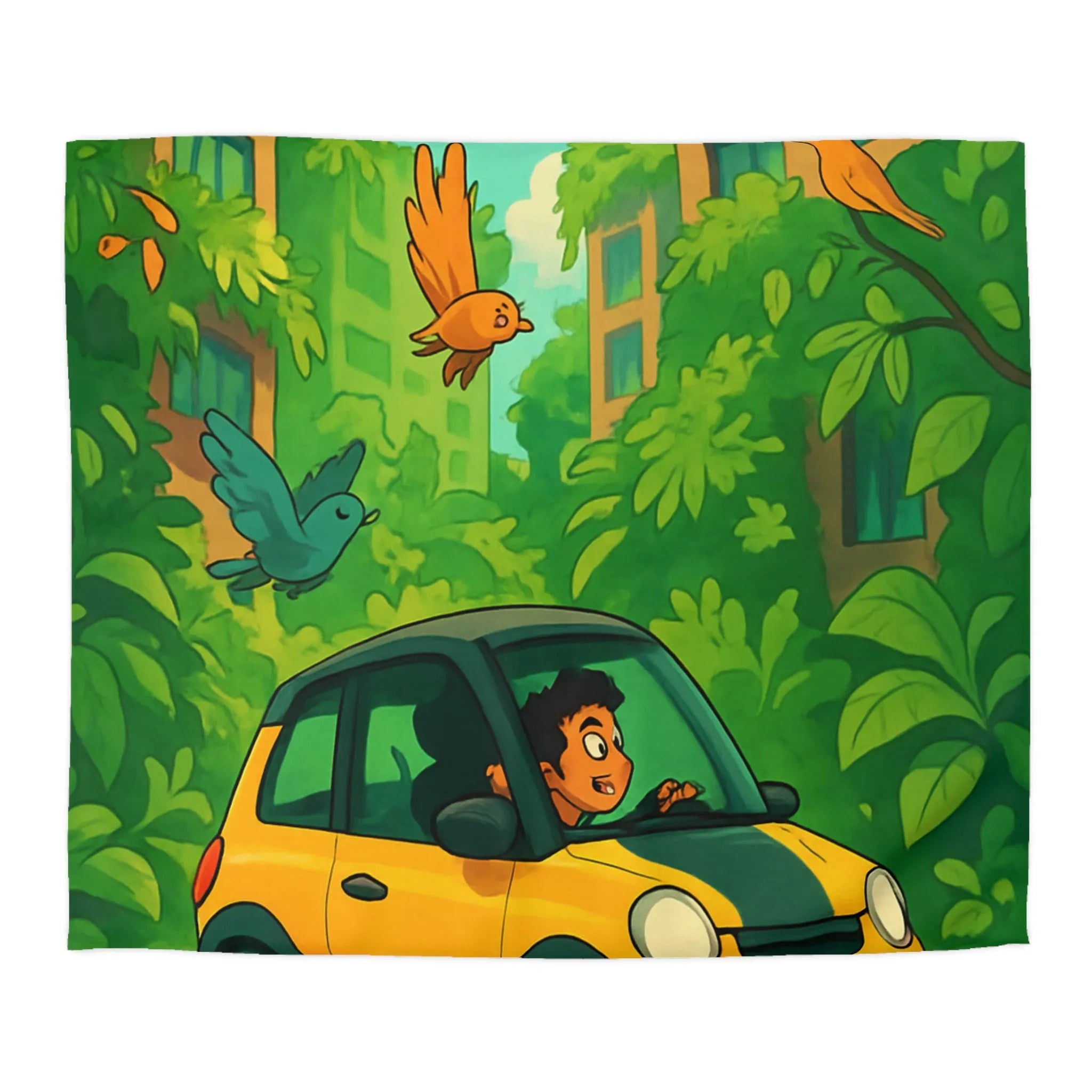 Housse de couette colorée avec voiture jaune et jungle luxuriante pour enfants aventureux