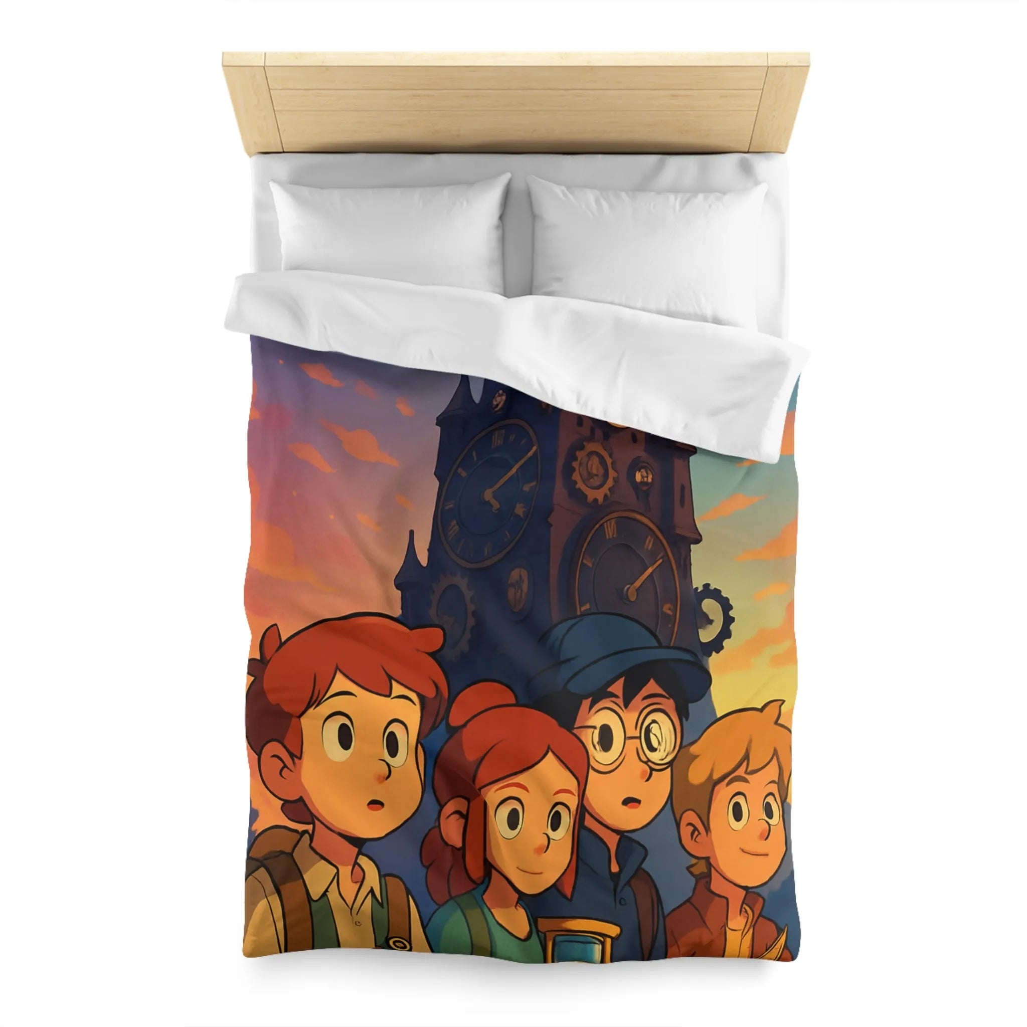 Housse de couette illustrée aventure jeunesse horloges coucher de soleil style animé vibrant