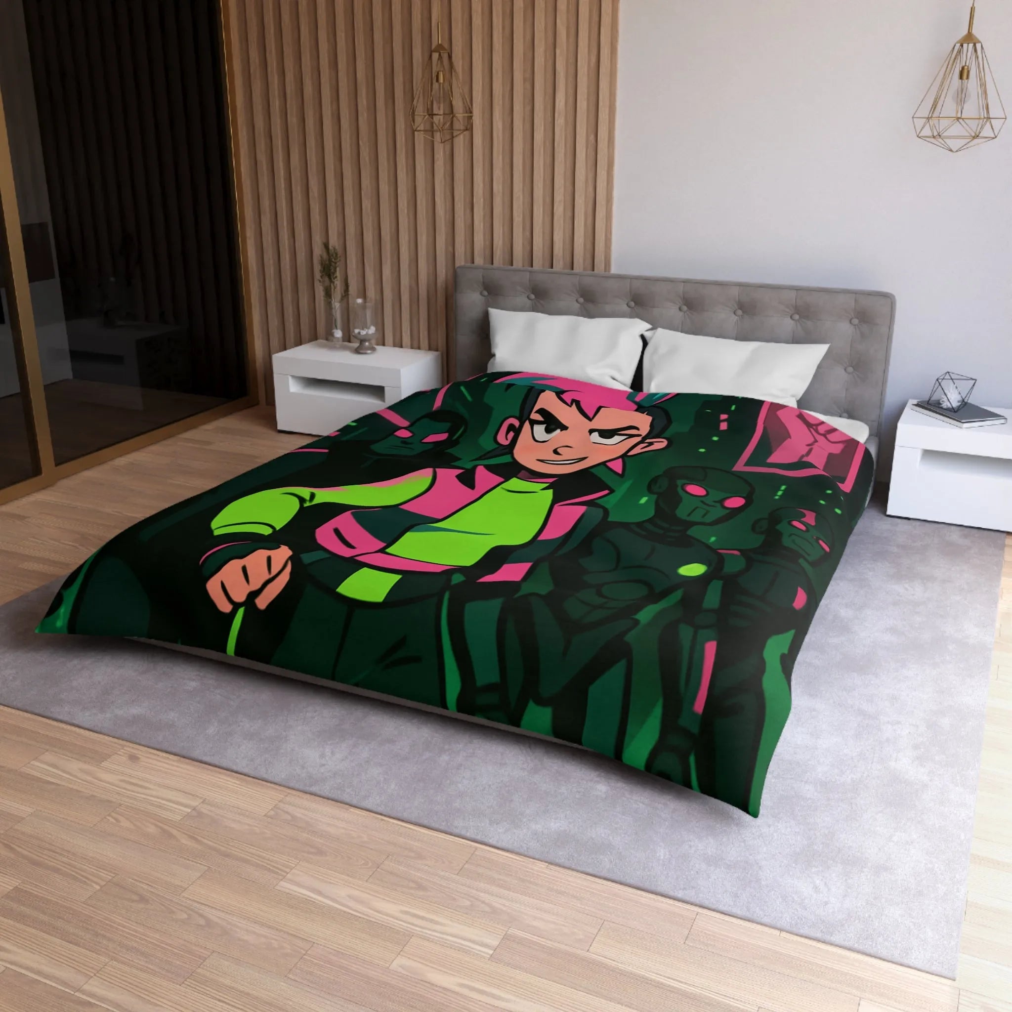 Housse de couette fluorescente cyberpunk avec motif de rébellion et paysage urbain futuriste