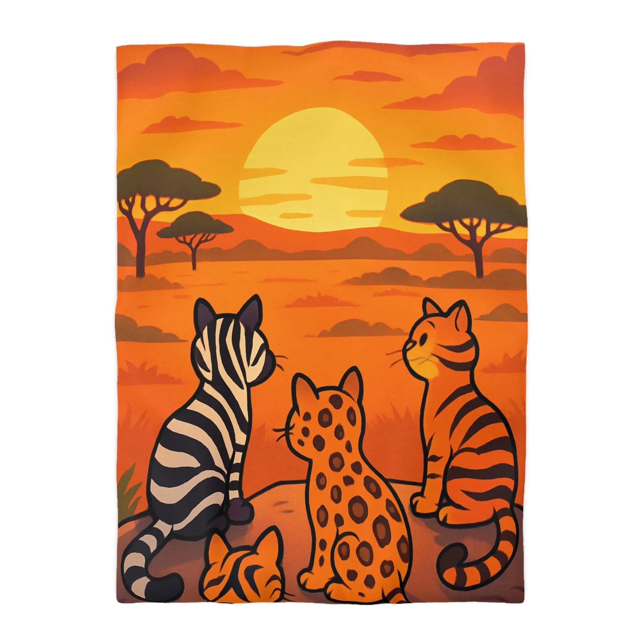 Housse de Couette avec Chats Sauvages Observant le Coucher de Soleil en Savane Africaine