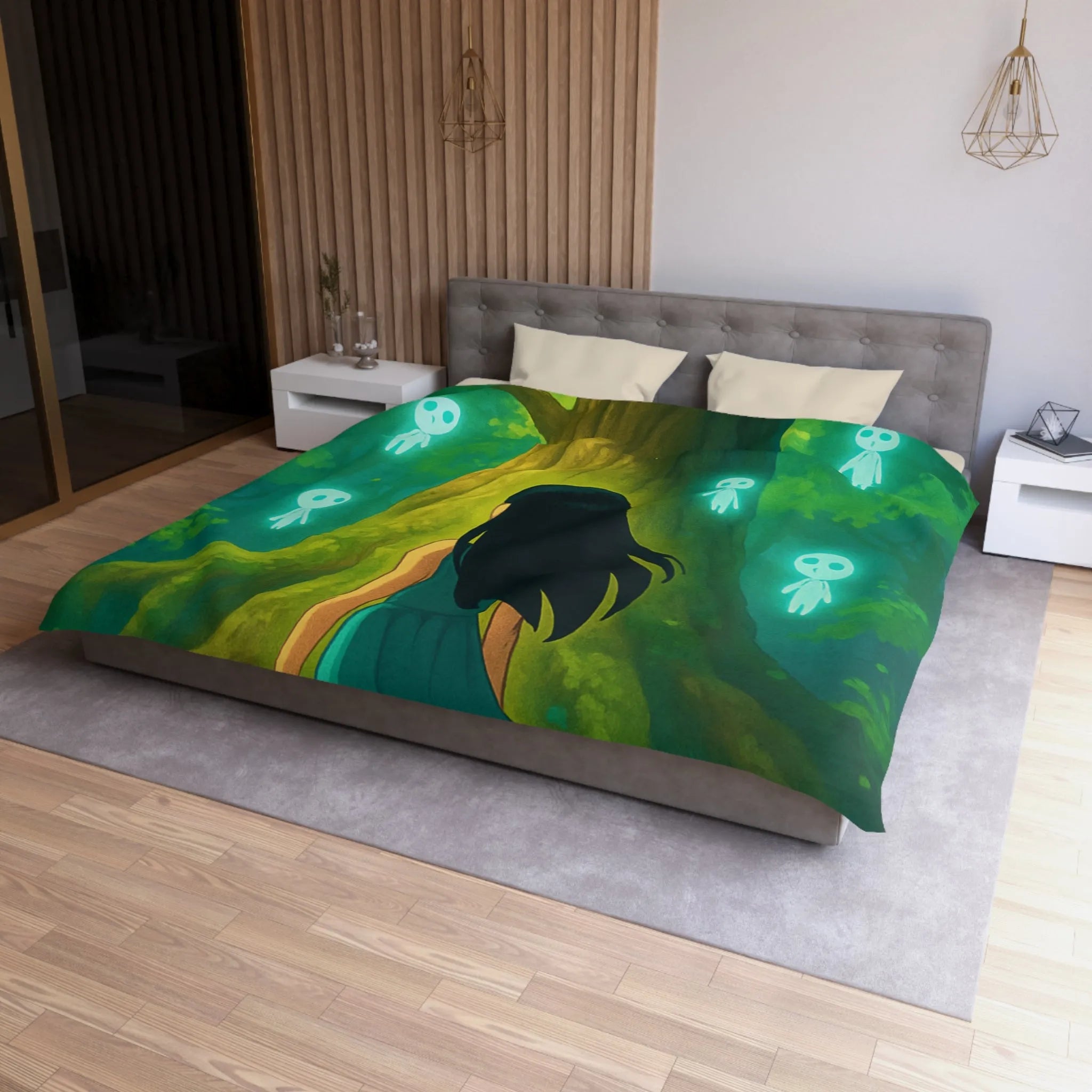 Housse de couette forêt mystique avec fille et esprits lumineux style onirique enchanteur