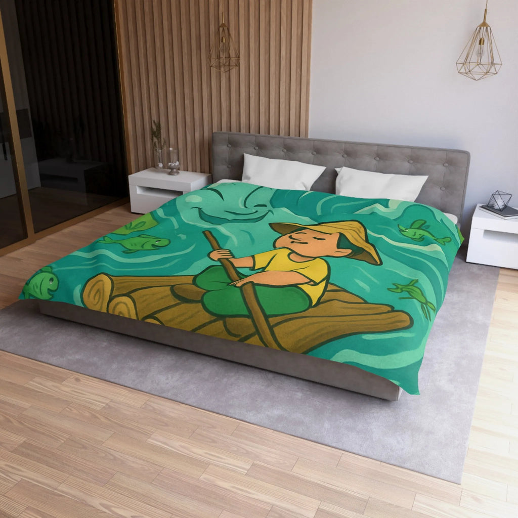 Housse de Couette Enfant avec Illustration Rêveuse de Rivière et Pêcheur Heureux