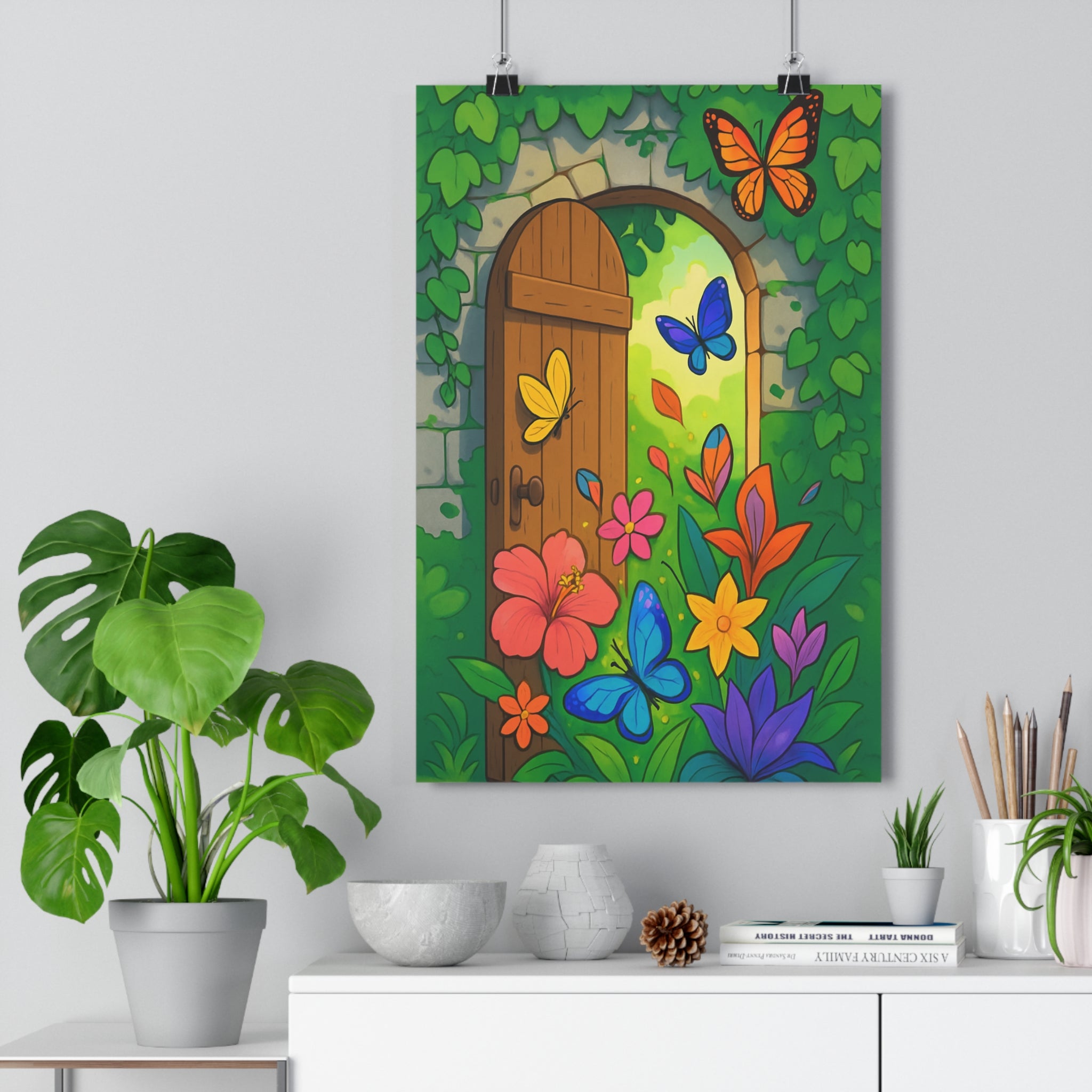 Poster décoratif trompelœil cartoon pastel joyeux fleurs papillons salon chambre ambiance apaisante coloré qualité
