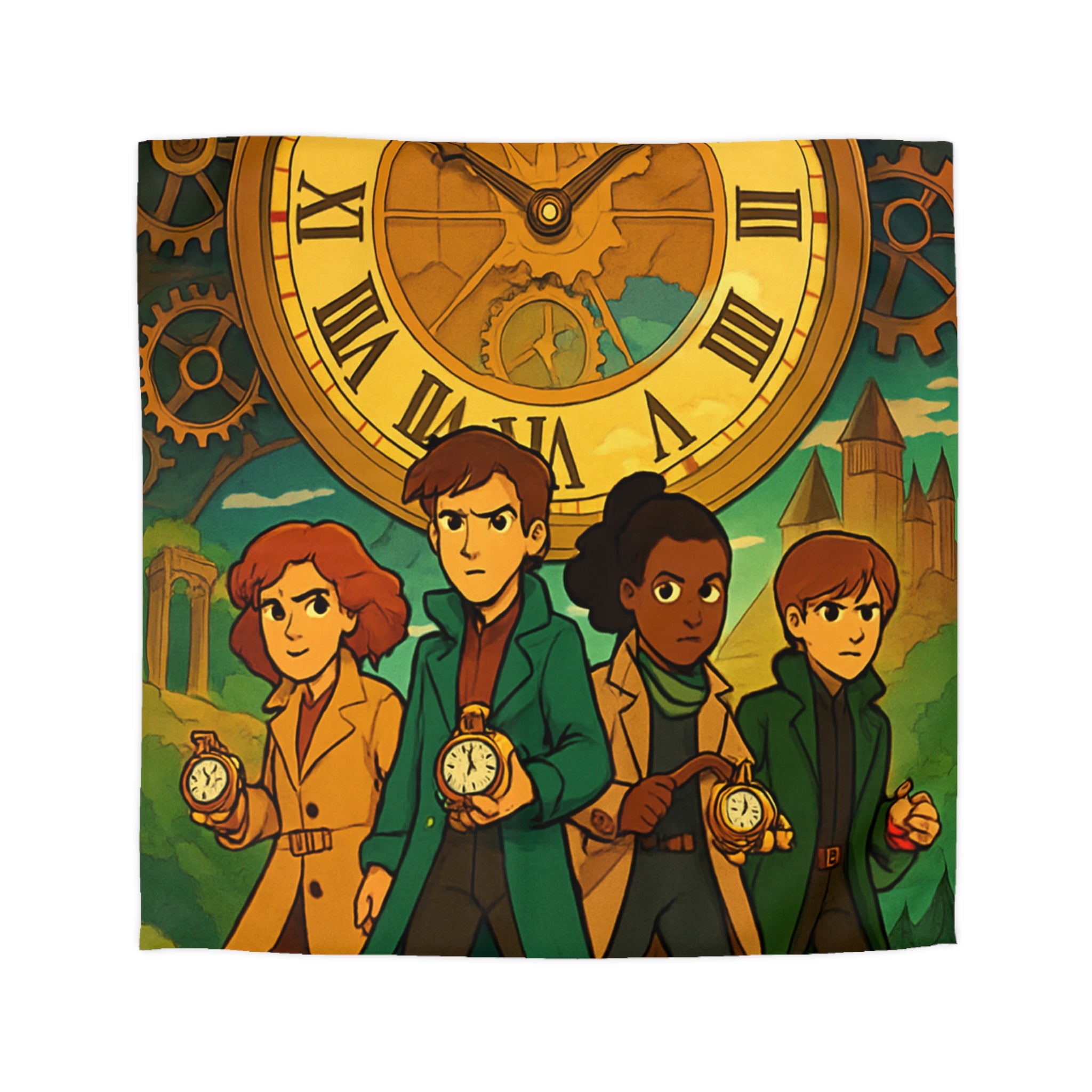 Housse de couette style aventure avec horloge vintage et personnages détectives mystérieux