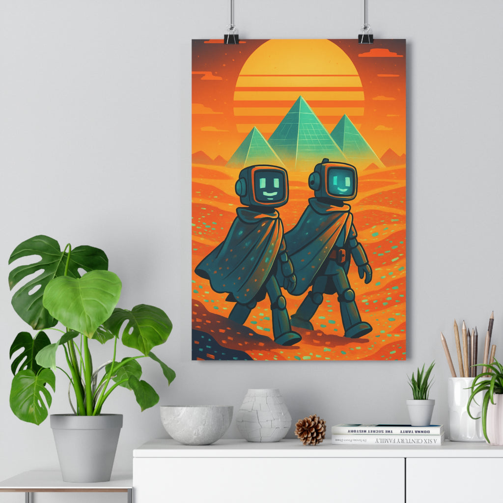 Poster décoratif art futuriste orange bleu scifi aventure bureau moderne paysage robotique numérique qualité