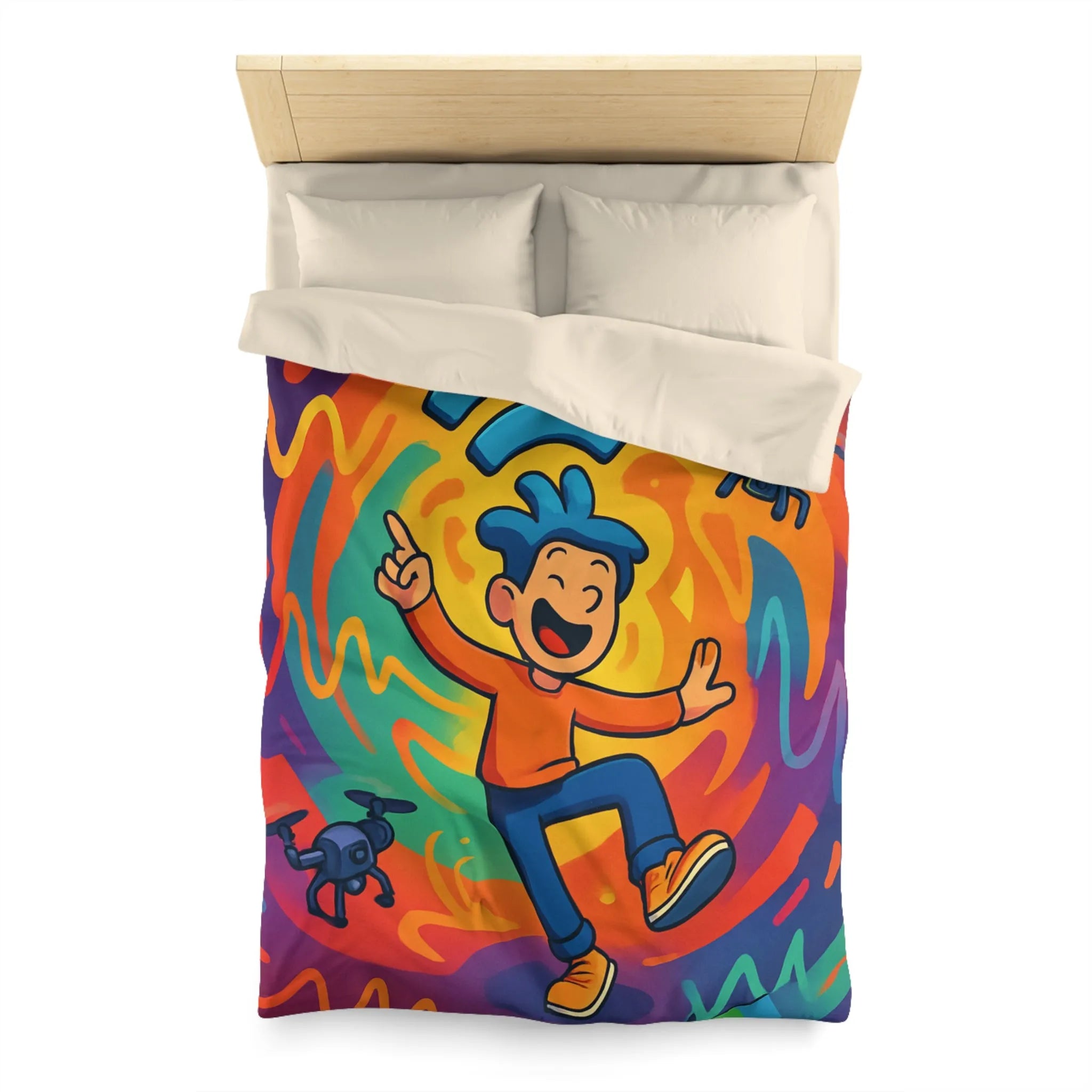 Housse de couette colorée avec personnage joyeux et drones volants autour des ondes