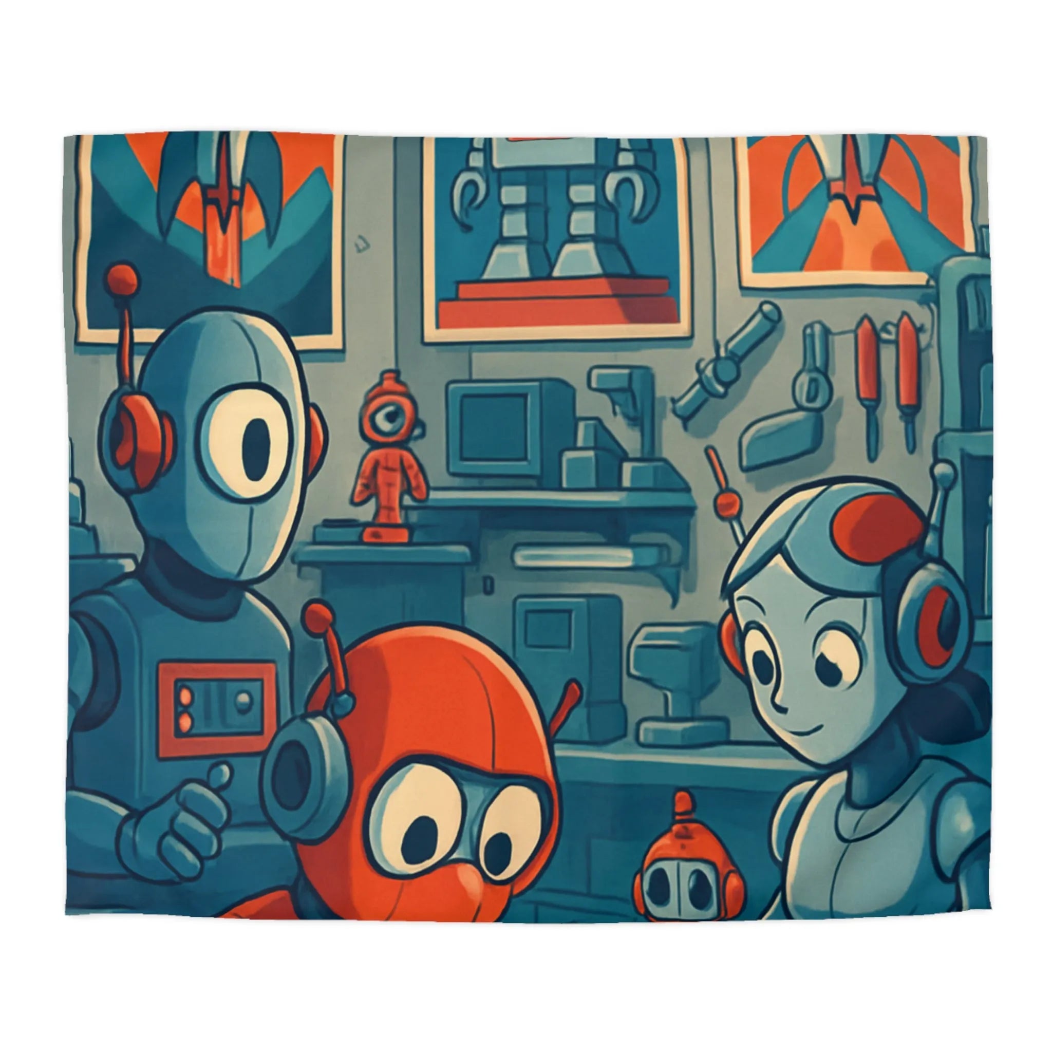 Housse de Couette Adorable Atelier de Robots pour Enfants au Look Rétro Futuriste