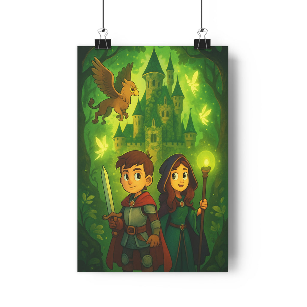 Poster décoratif médiéval vert mystique aventure fantaisie enfants chambre créatures magiques captivant ambiance épée
