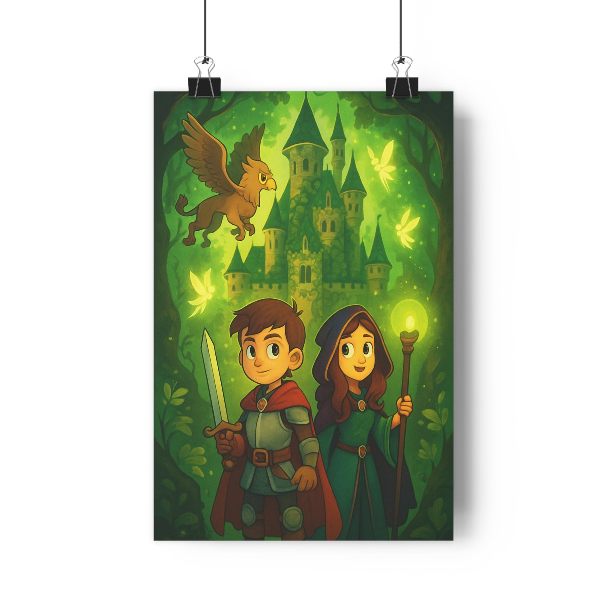 Poster décoratif médiéval vert mystique aventure fantaisie enfants chambre créatures magiques captivant ambiance épée