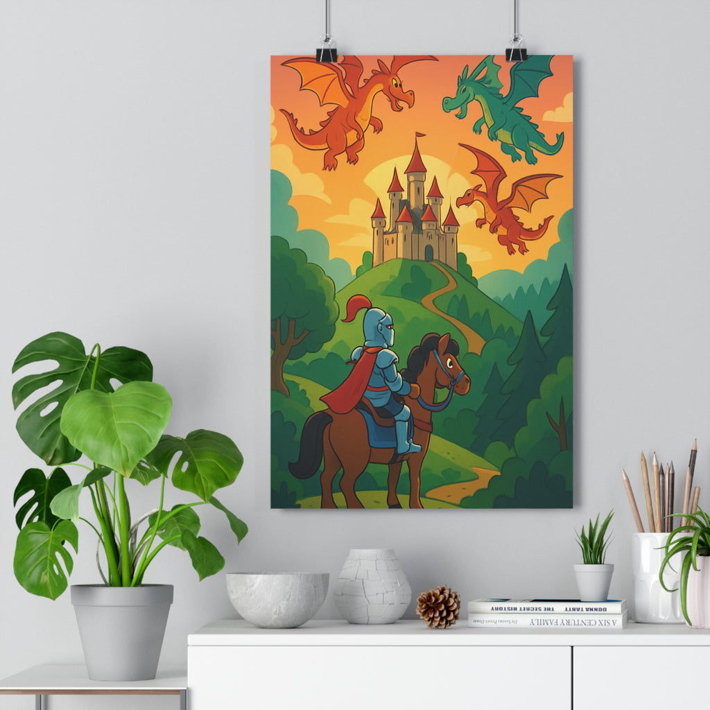 Poster décoratif cartoon château dragon médiéval magique coloré vert orange bleu enfant aventure fantasy