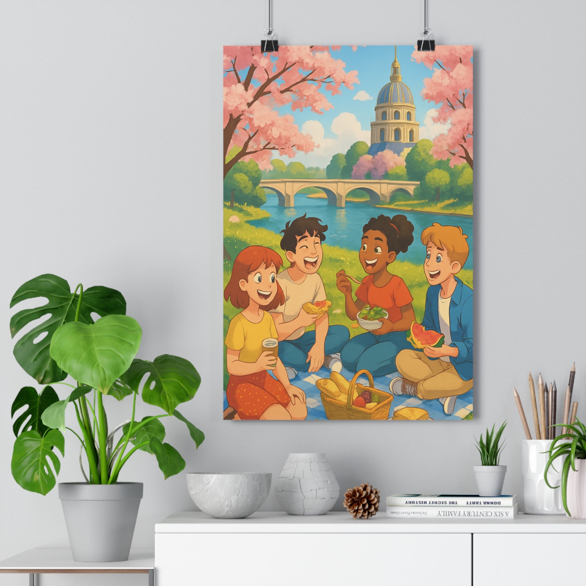 Poster décoratif cartoon bleu joyeux piquenique parisien salon chambre vibrant paysage contemporain tendance qualité