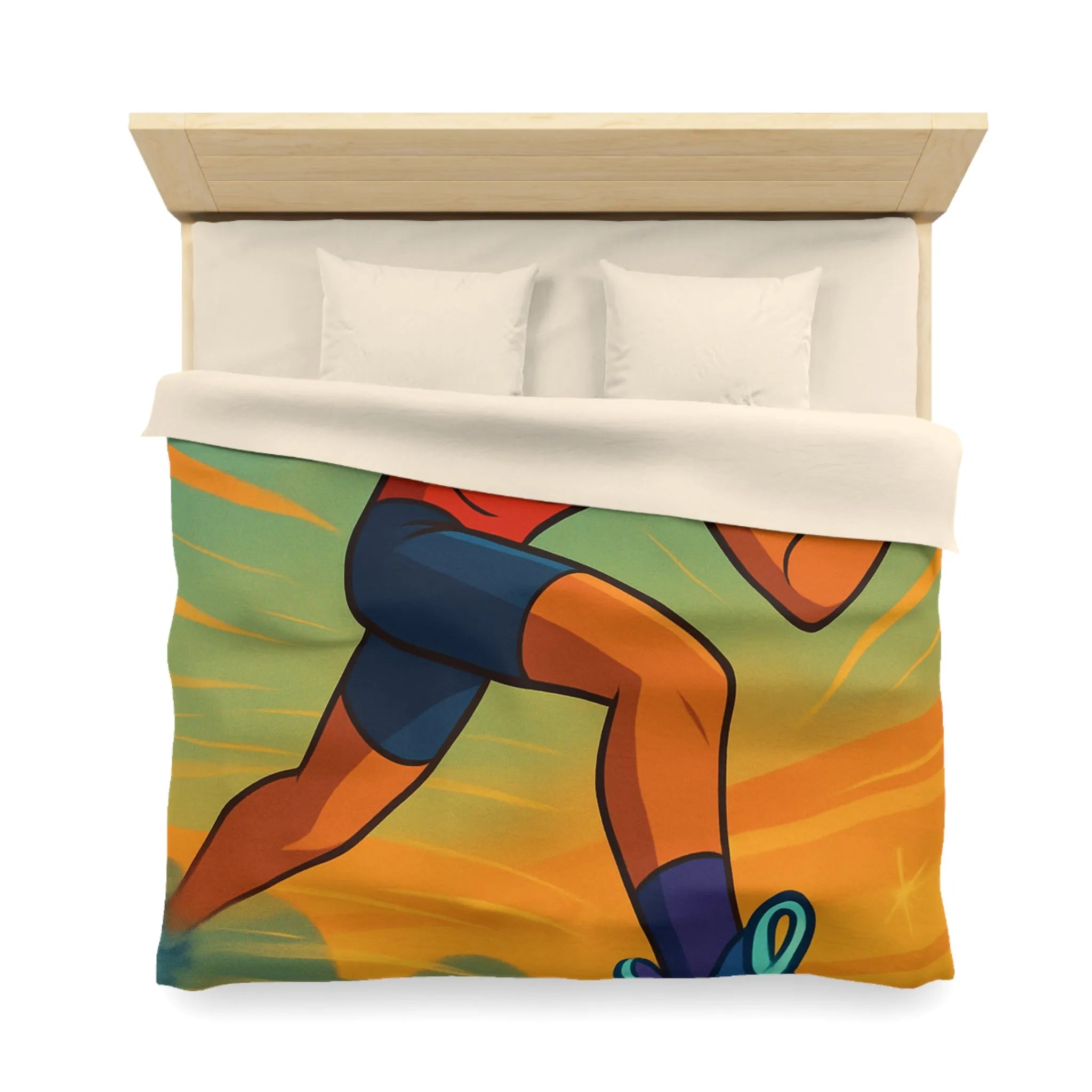 Housse de couette dynamique coureur stylisé accélérant sur fond d’énergie vibrante