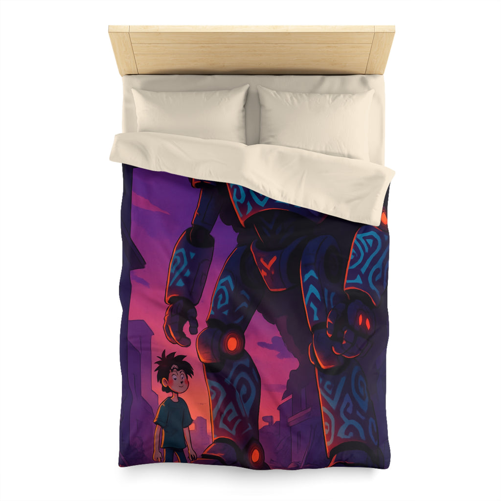 Housse de couette robot géant bleu lumineux, décor urbain vibrant et enfant émerveillé