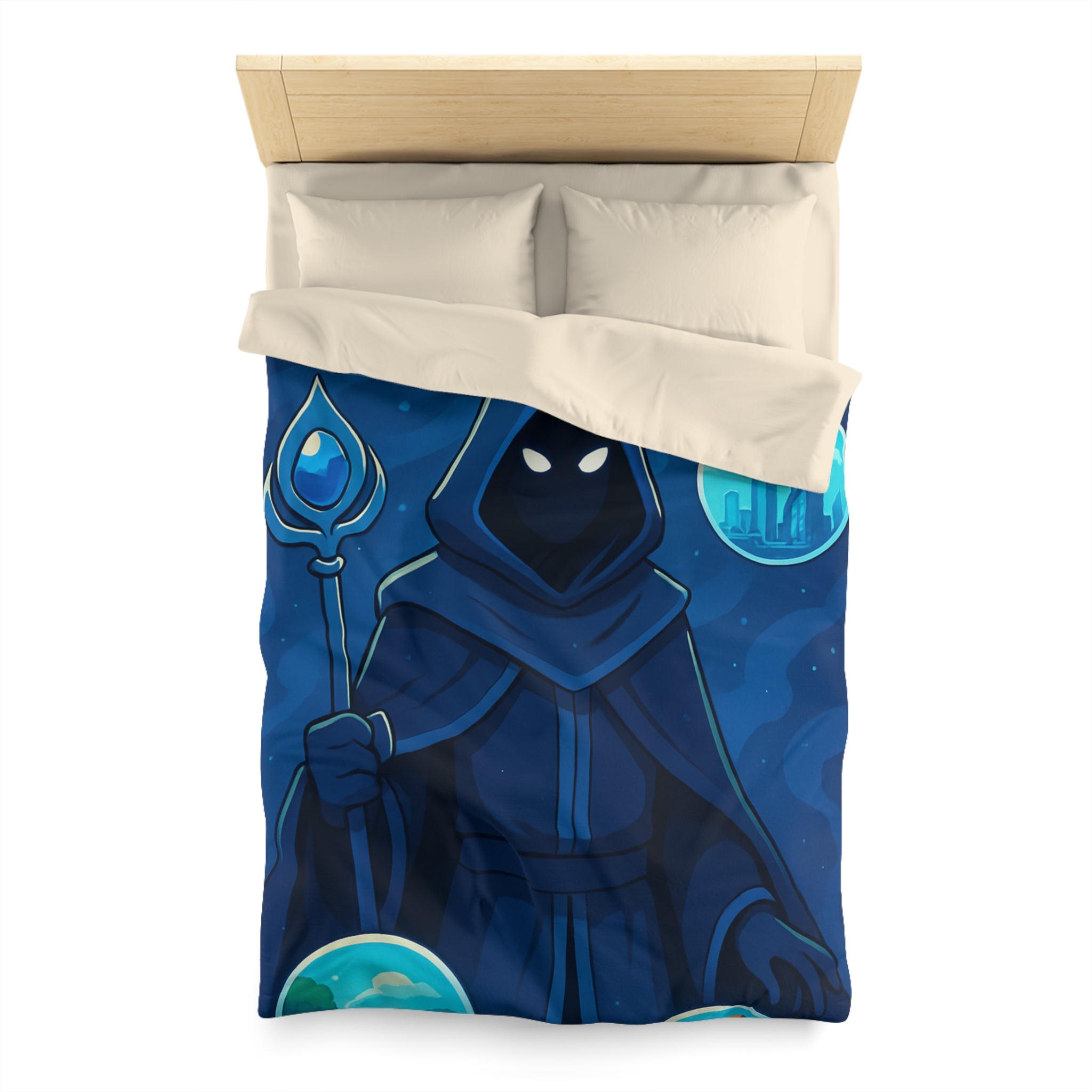 Housse de couette mystique avec sorcier et paysages fantastiques pour chambre à thème magique