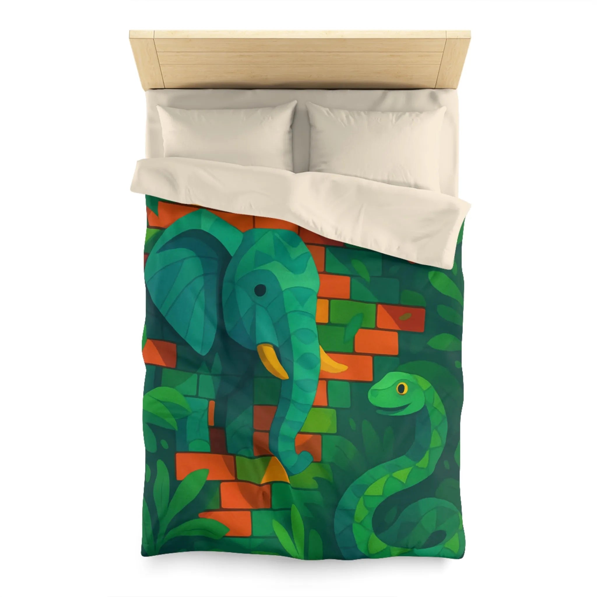 Housse de couette jungle vibrante avec éléphant, oiseau, serpent et feuillage luxuriant