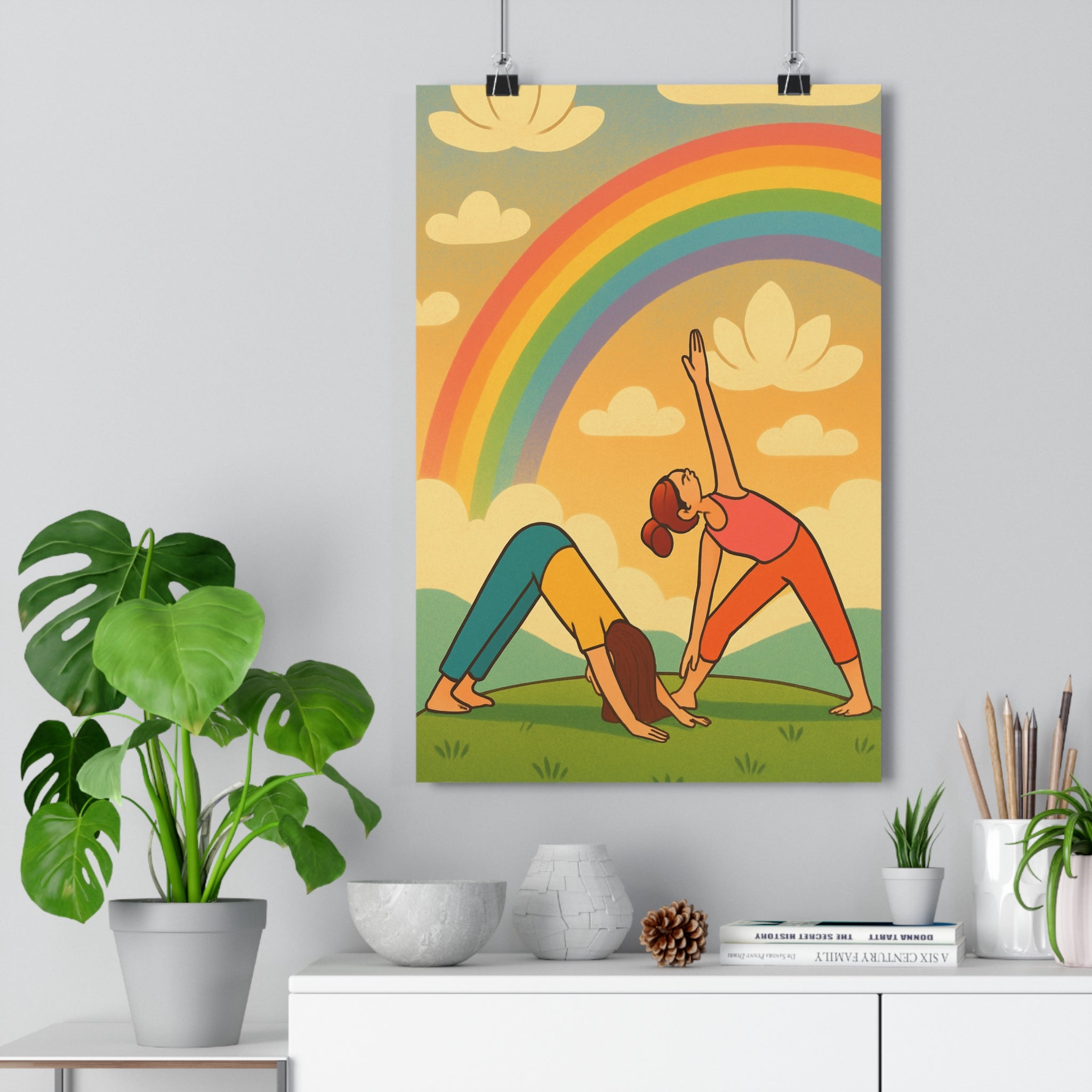 Poster décoratif cartoon pastel yoga harmonieux salon méditation couleurs ciel vert arcenciel 30x46 qualité
