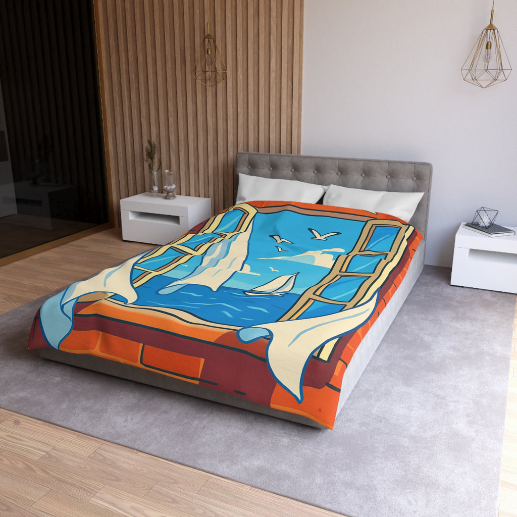 Housse de couette paysage marin fenêtre ouverte, voilier et ciel bleu serein