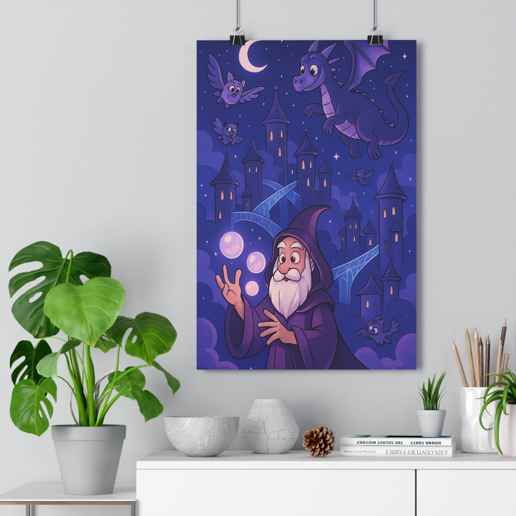 Poster décoratif fantaisie violet bleu magique mystique chambre enfant dragon magicien hibou animé qualité