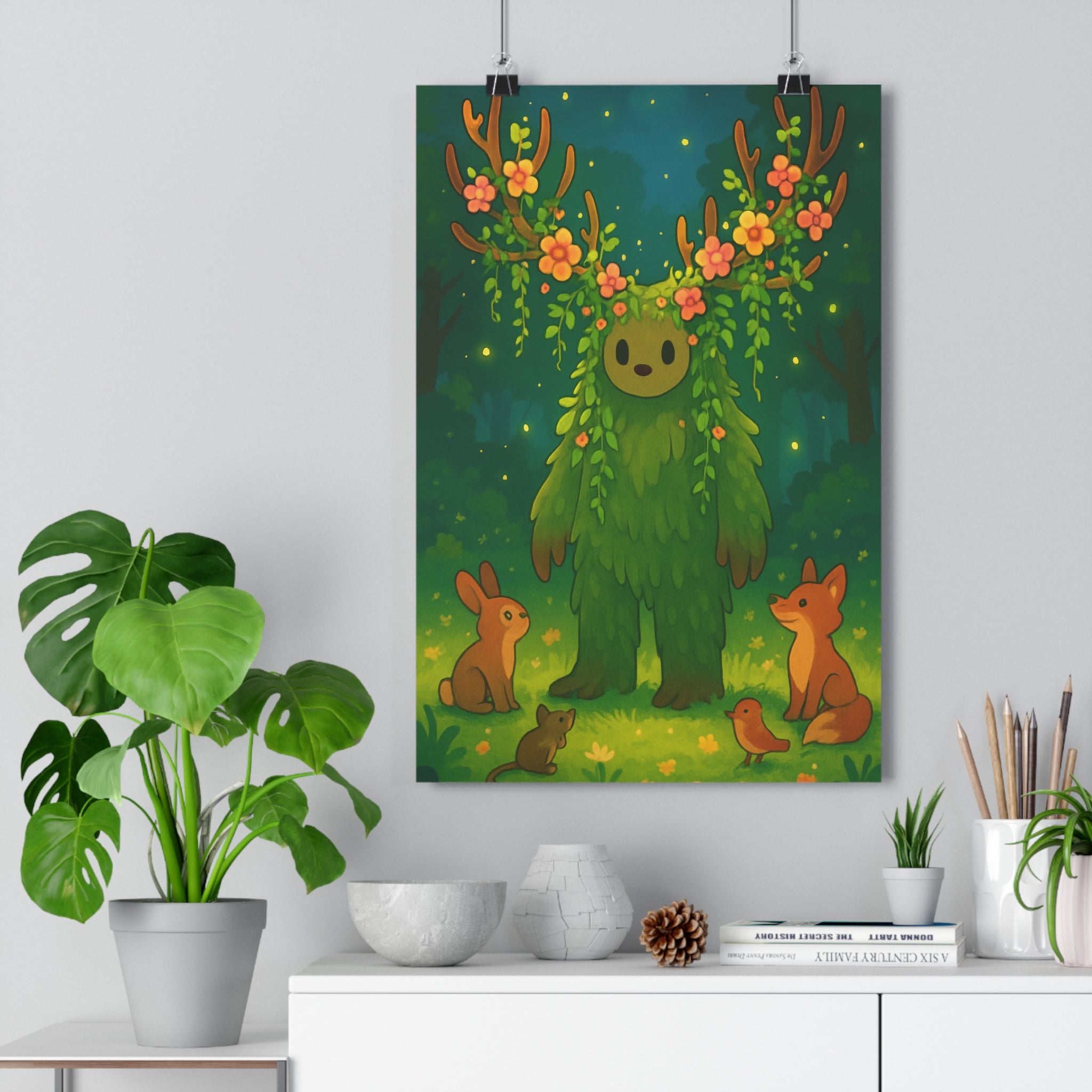 Poster décoratif féerique vert coloré enfant nature mystique chambre ambiance apaisante mural animalier floral