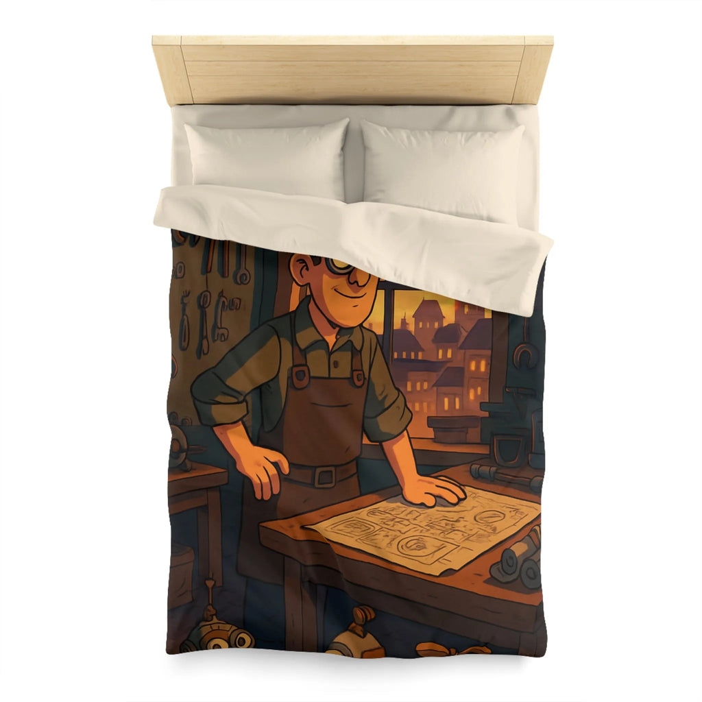 Housse de couette enfant avec illustration atelier rétro et robots amusants pour inventeur