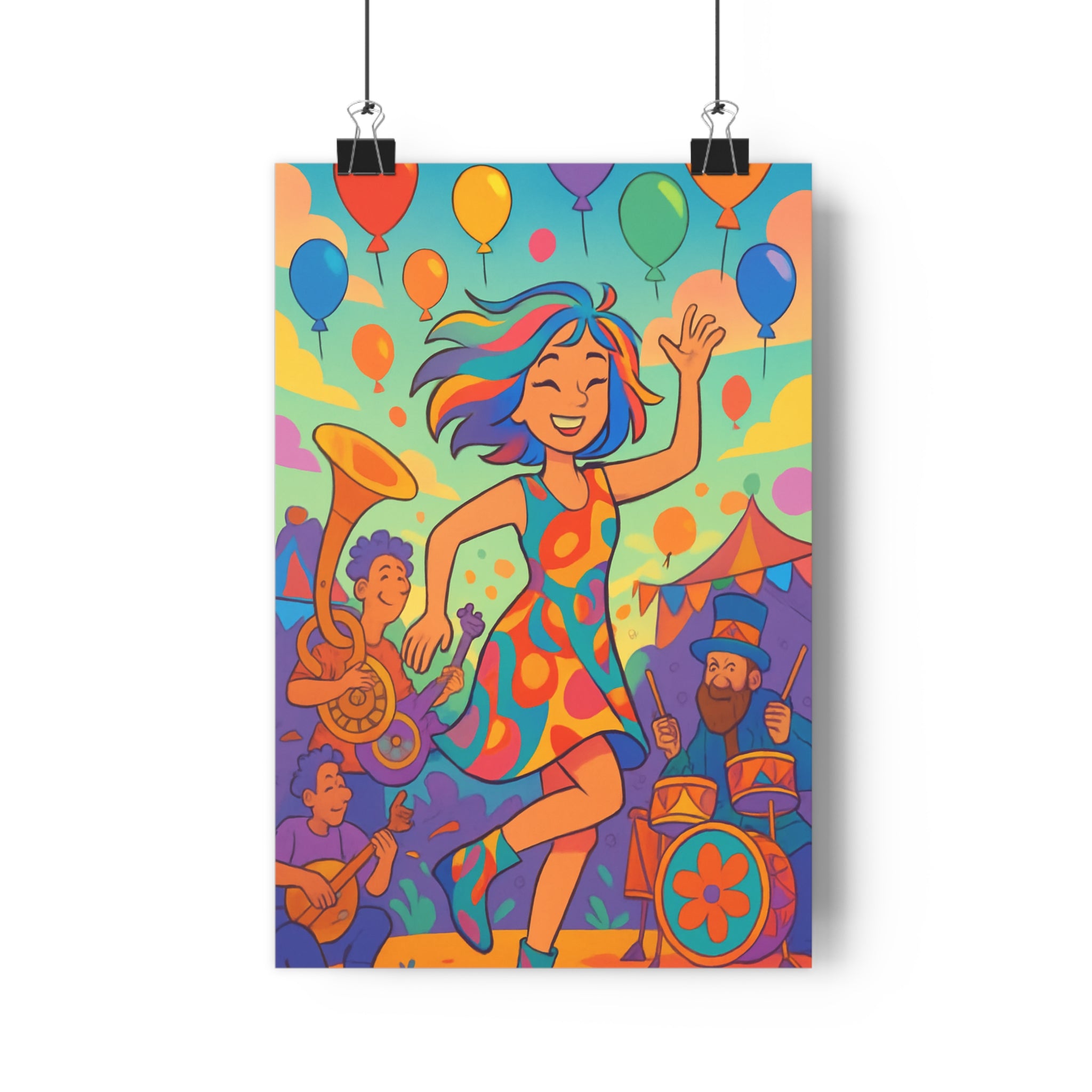 Poster décoratif coloré psychédélique joyeux danse musique enfant chambre vibrant moderne trompette ballon dynamique