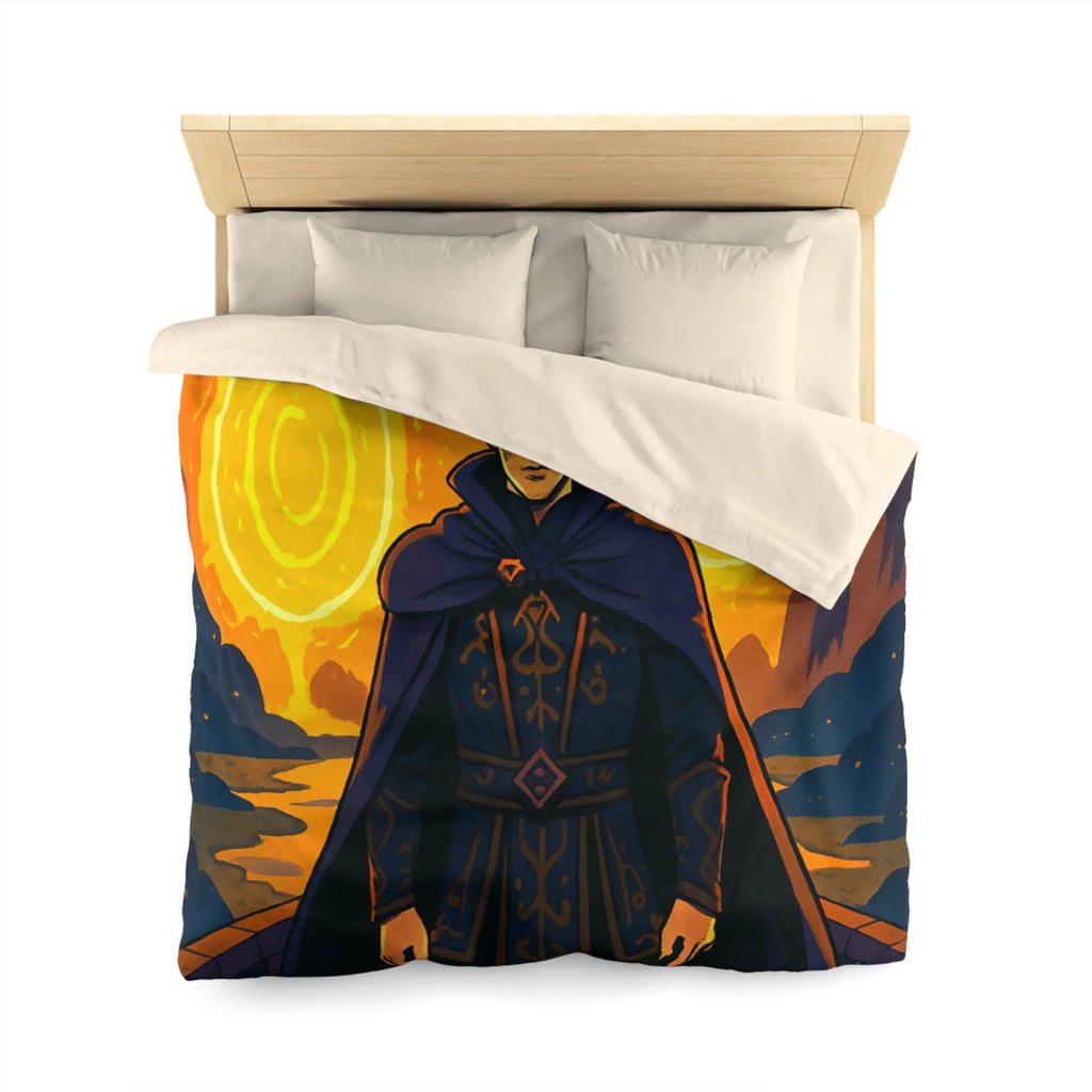 Housse de couette fantastique avec sorcier et portails lumineux dans paysage nocturne magique