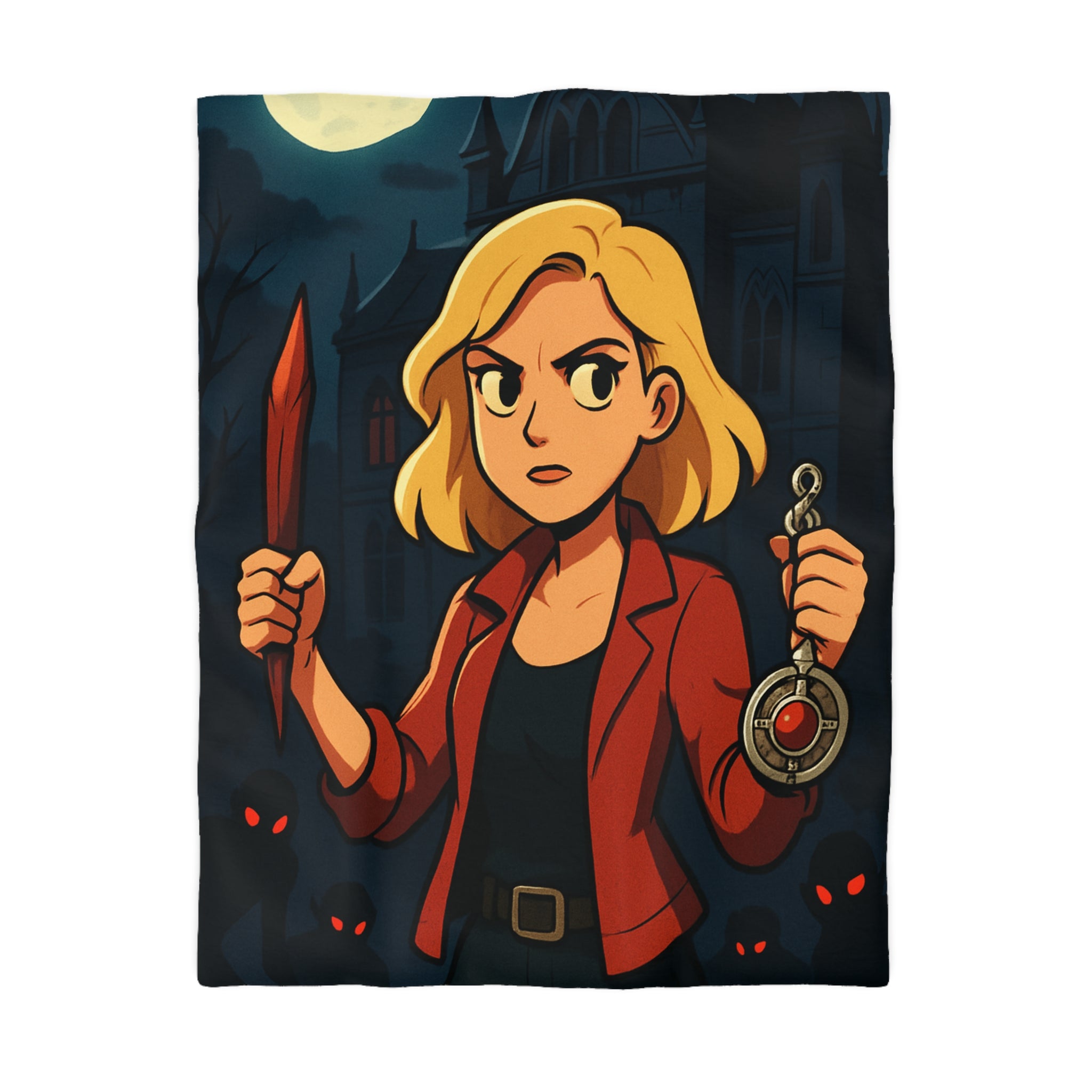 Housse de couette mystérieuse avec scène de château effrayant, pleine lune et silhouette combattive