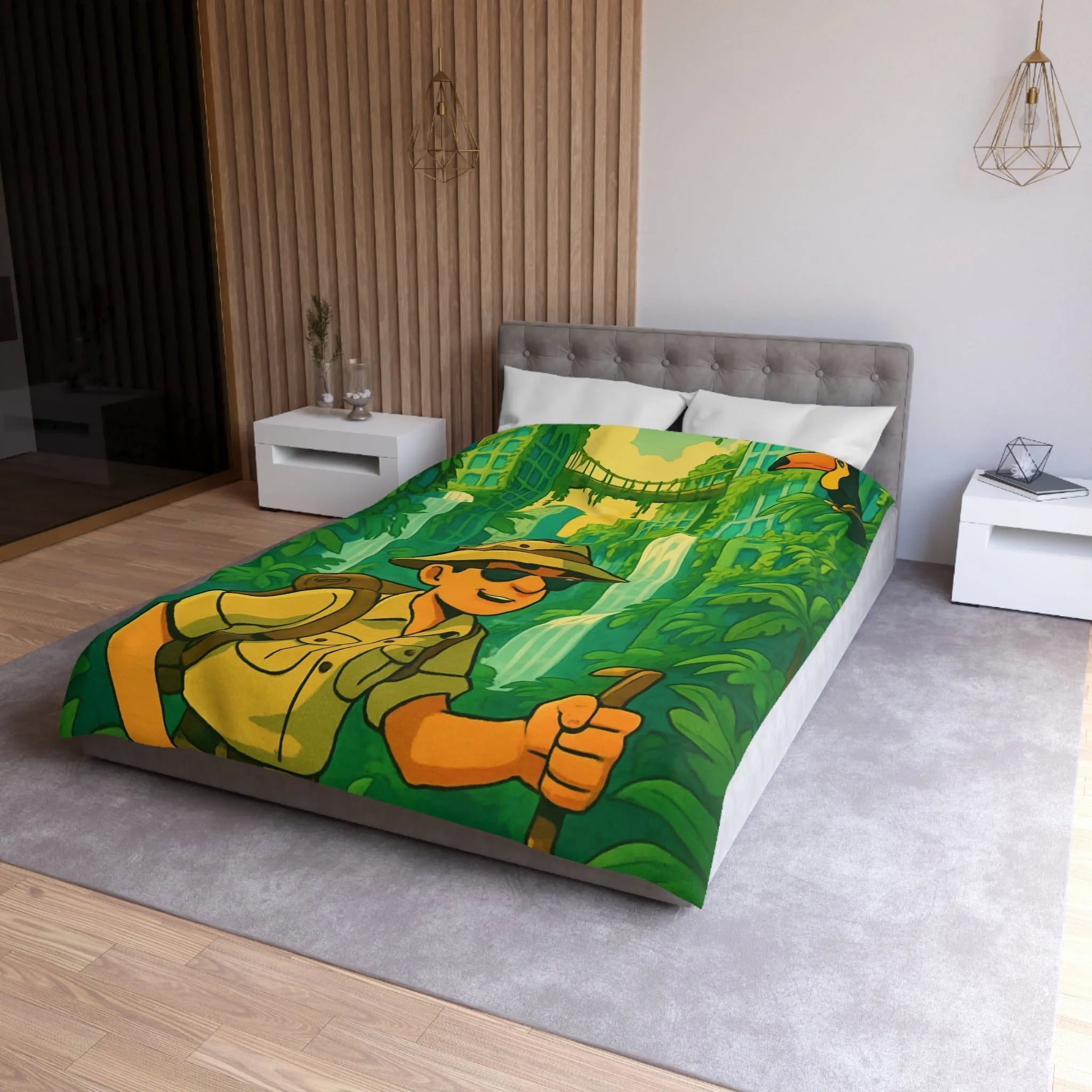 Housse de Couette Aventure Tropicale Multicolore avec Explorateur et Faune Luxuriante