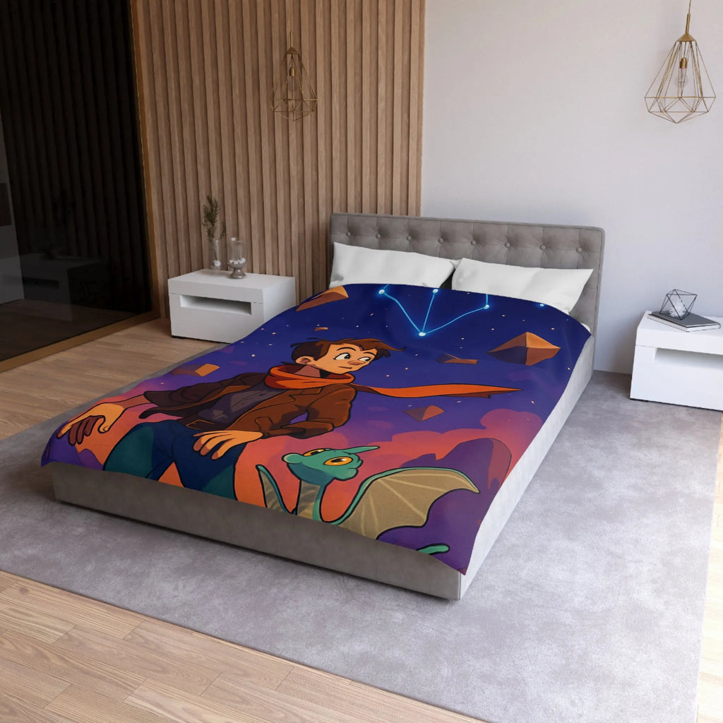 Housse de couette aventure nuit étoilée avec enfant et dragon mignon