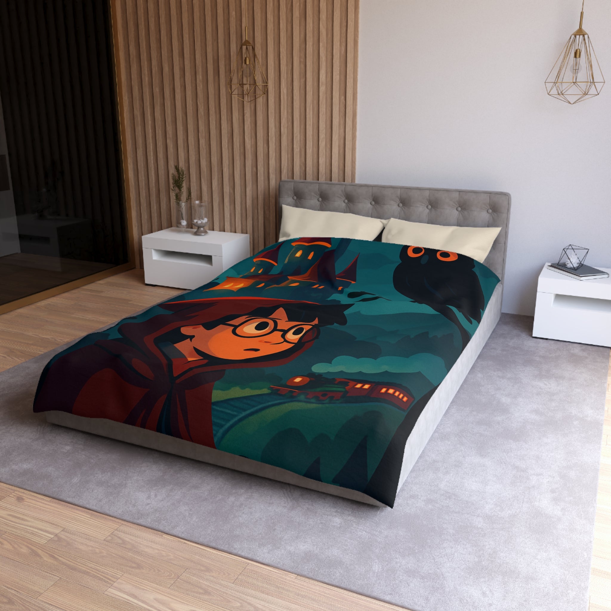 Housse de couette mystique avec château, héros et hibou pour chambre enchantée