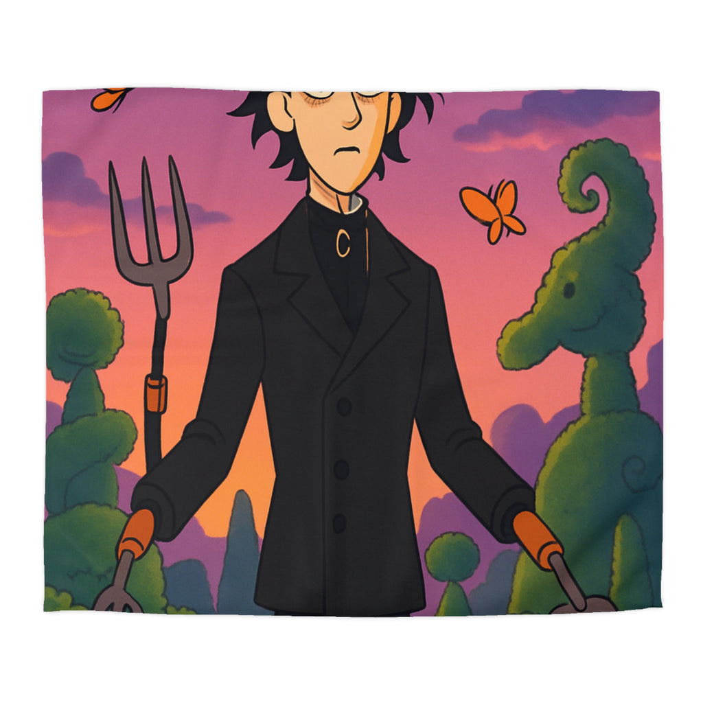 Housse de couette stylée avec personnage rêveur, jardin magique et papillons colorés