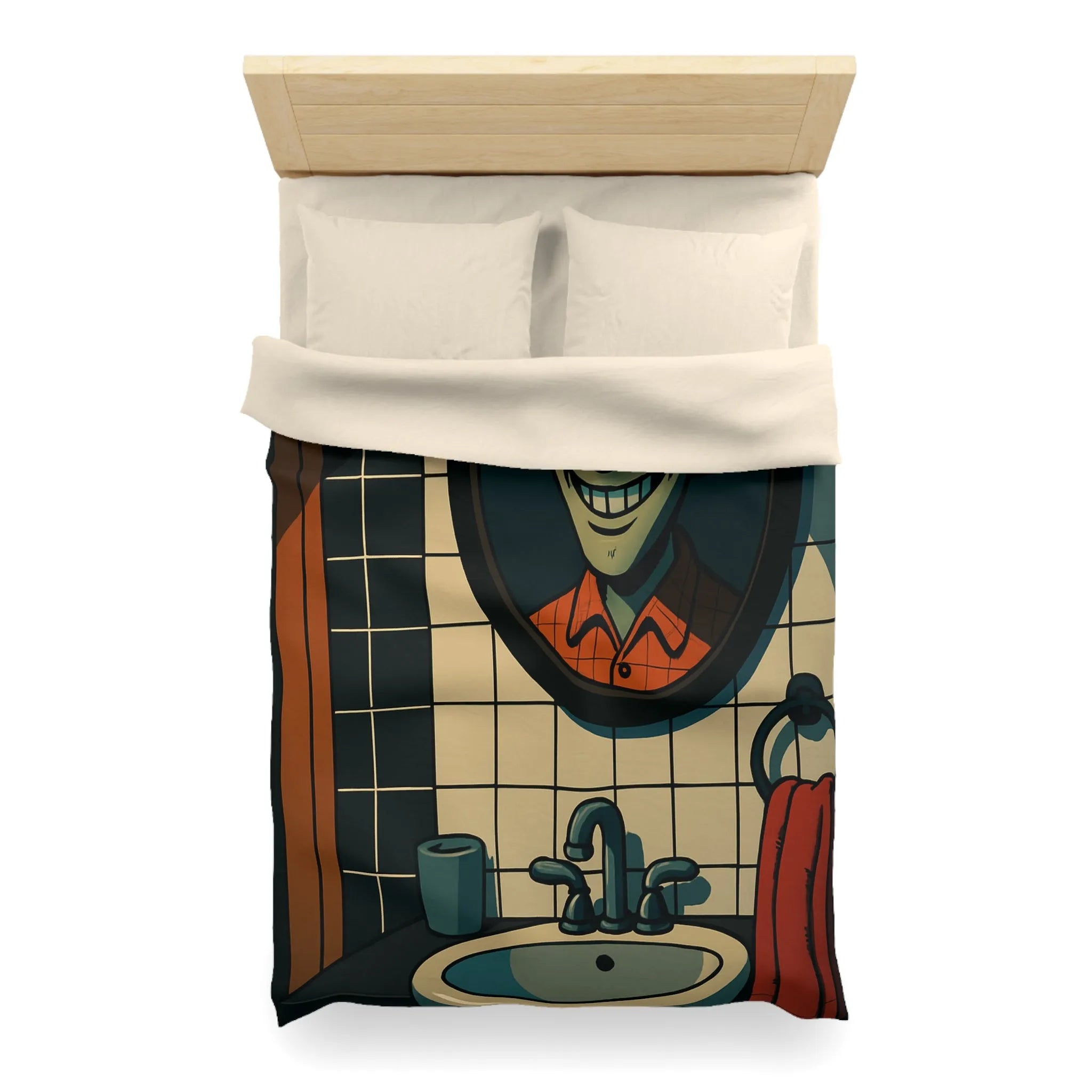 Housse de couette graphique avec dessin animé miroir effrayant et carreaux de salle de bain