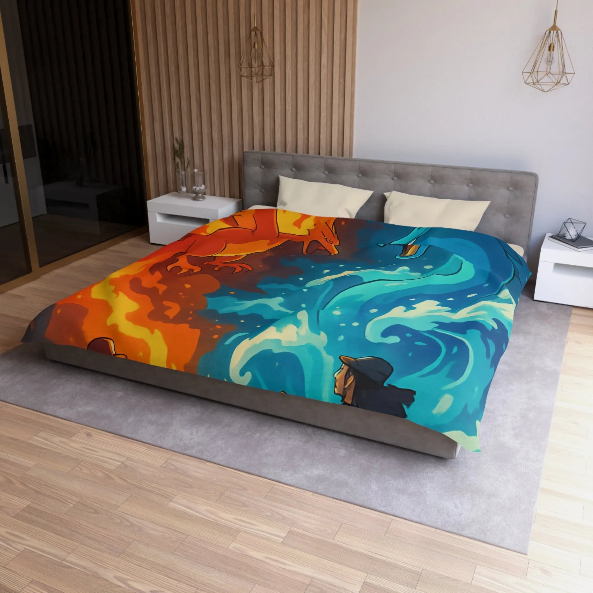 Housse de couette aventure épique avec créatures de feu et glace légendaires en duel