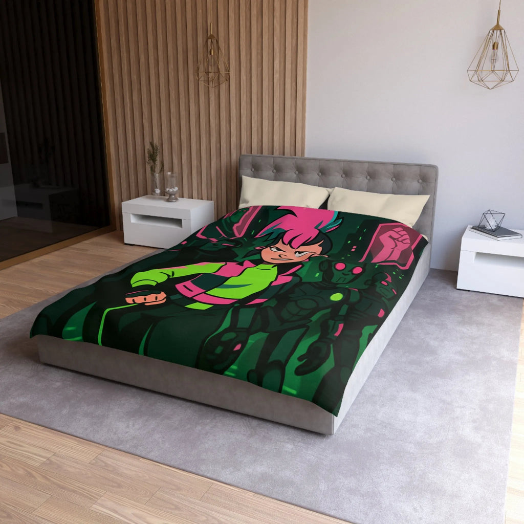Housse de couette fluorescente cyberpunk avec motif de rébellion et paysage urbain futuriste
