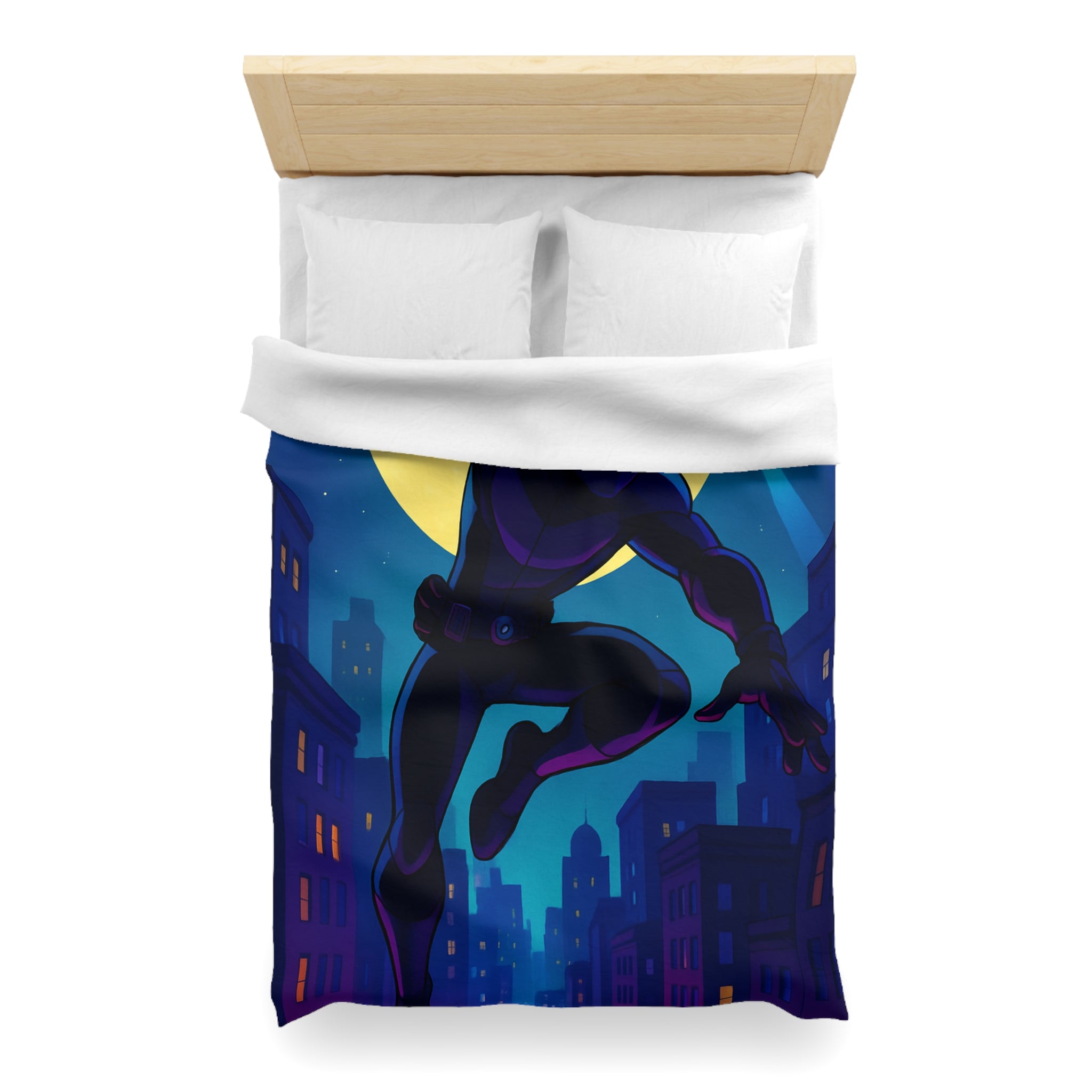 Housse de couette super-héros noir sautant devant une pleine lune et des drones urbains
