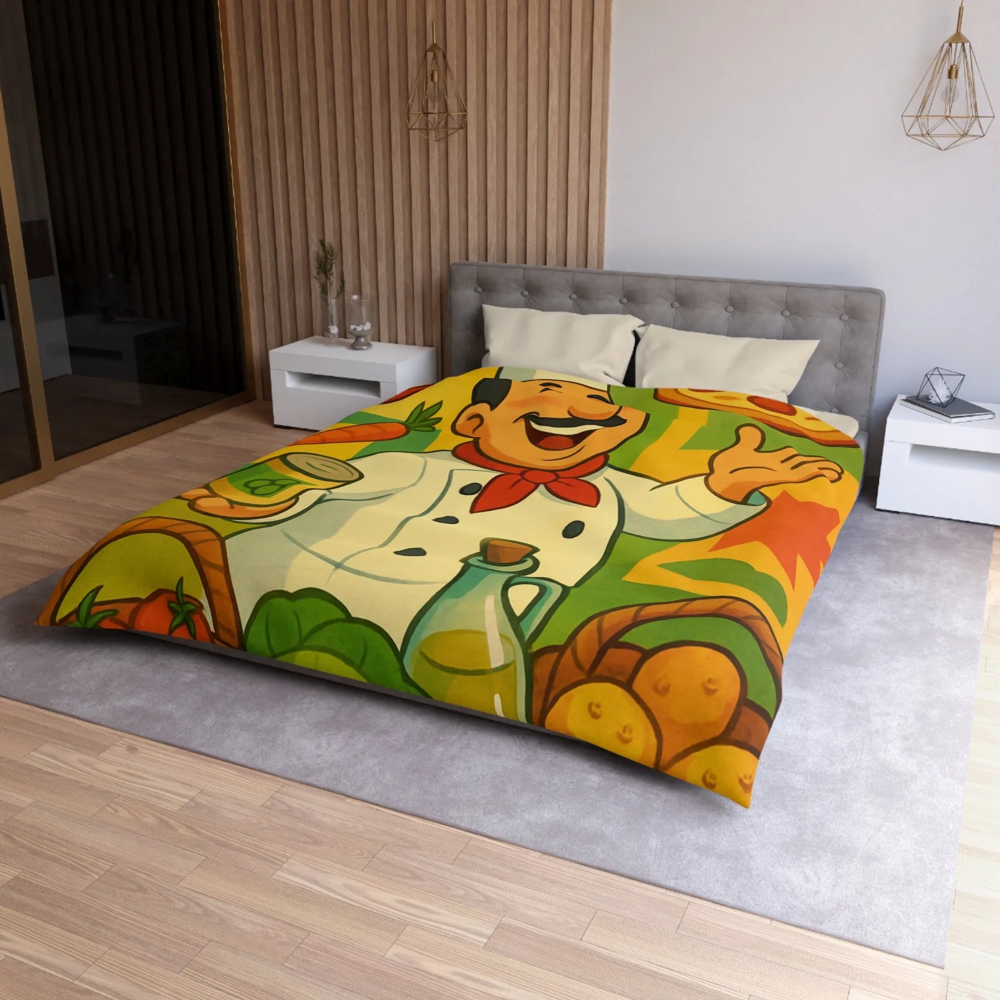 Housse de Couette Illustrée de Chef Heureux avec légumes et Pizza Méditerranéenne Colorée