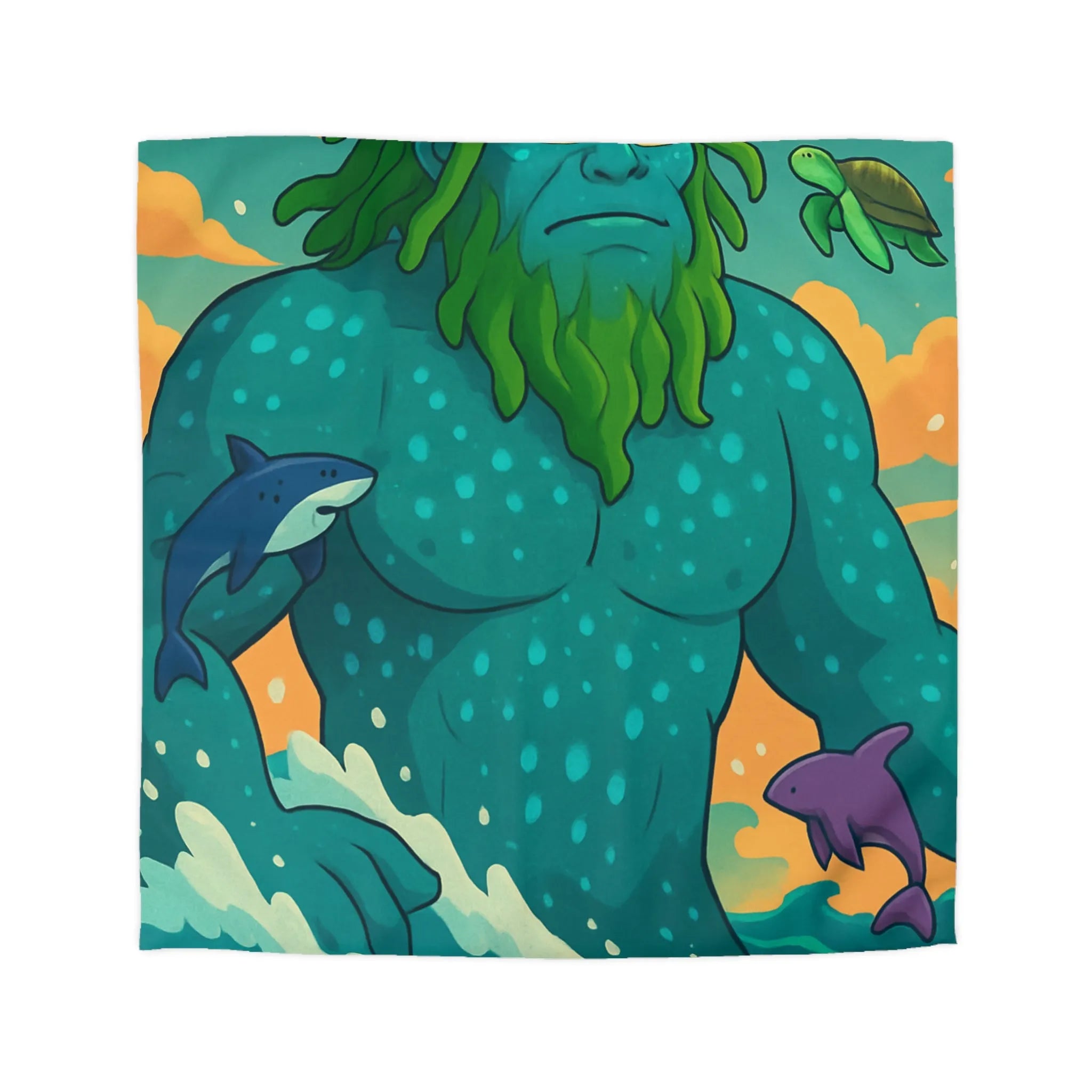 Housse de couette avec géant des mers, faune marine et ciel coloré