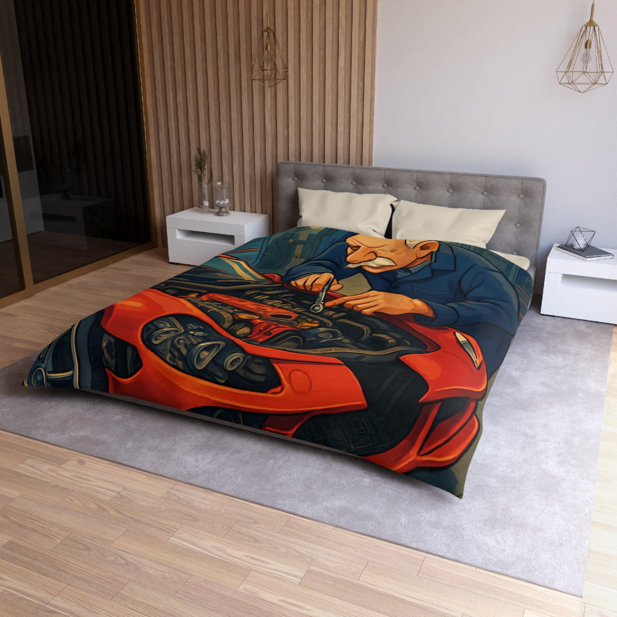 Housse de couette voiture rouge et mécanicien dans garage rétro pour chambre unique