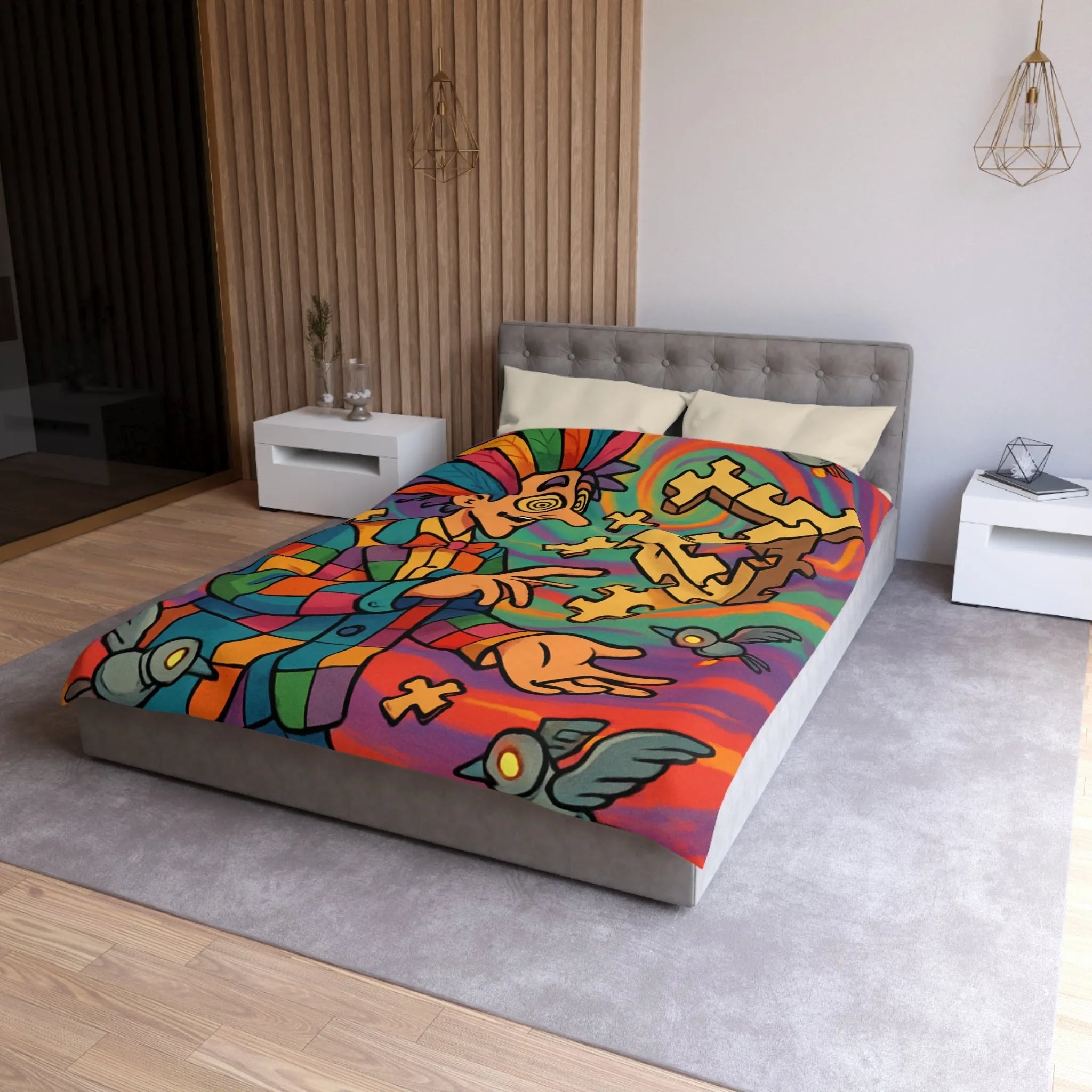 Housse de couette colorée avec illusion d'optique géométrique et motif de clown vibrant
